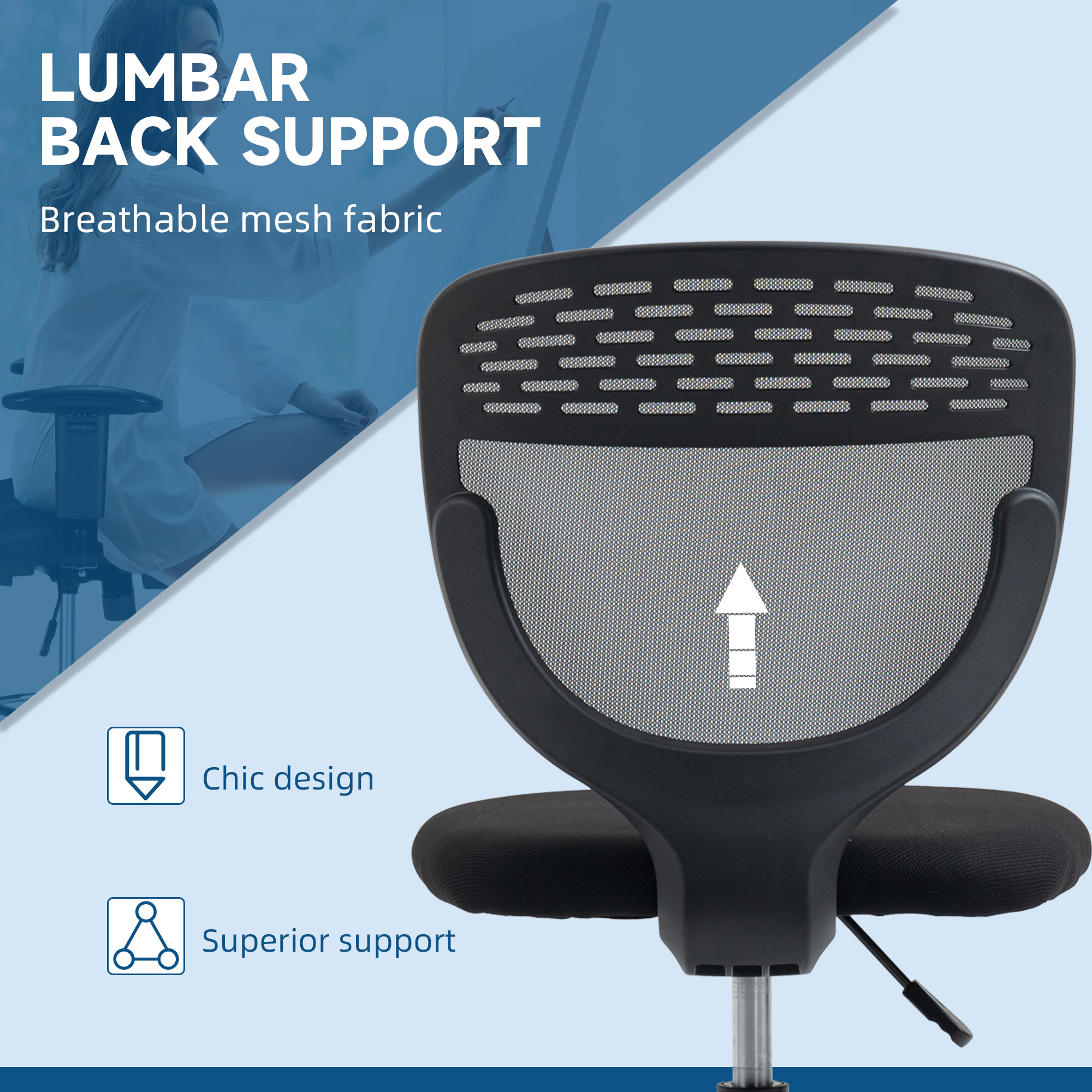 Vinsetto Ergonomic Draughtsman Chair, Armless Swivel Office Chair, Mesh Back with Lumbar Support & Adjustable Foot Ring, Grey