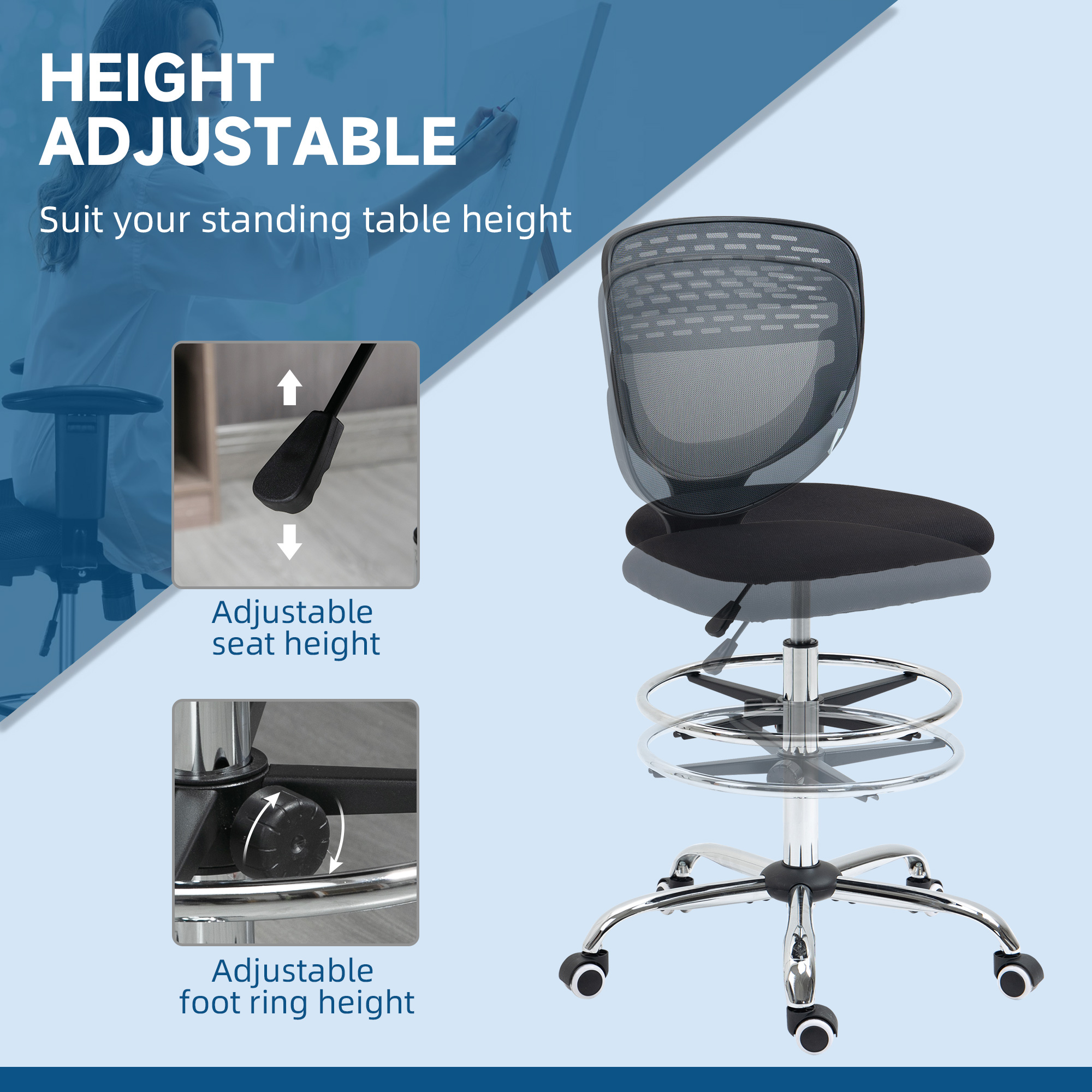 Vinsetto Ergonomic Draughtsman Chair, Armless Swivel Office Chair, Mesh Back with Lumbar Support & Adjustable Foot Ring, Grey