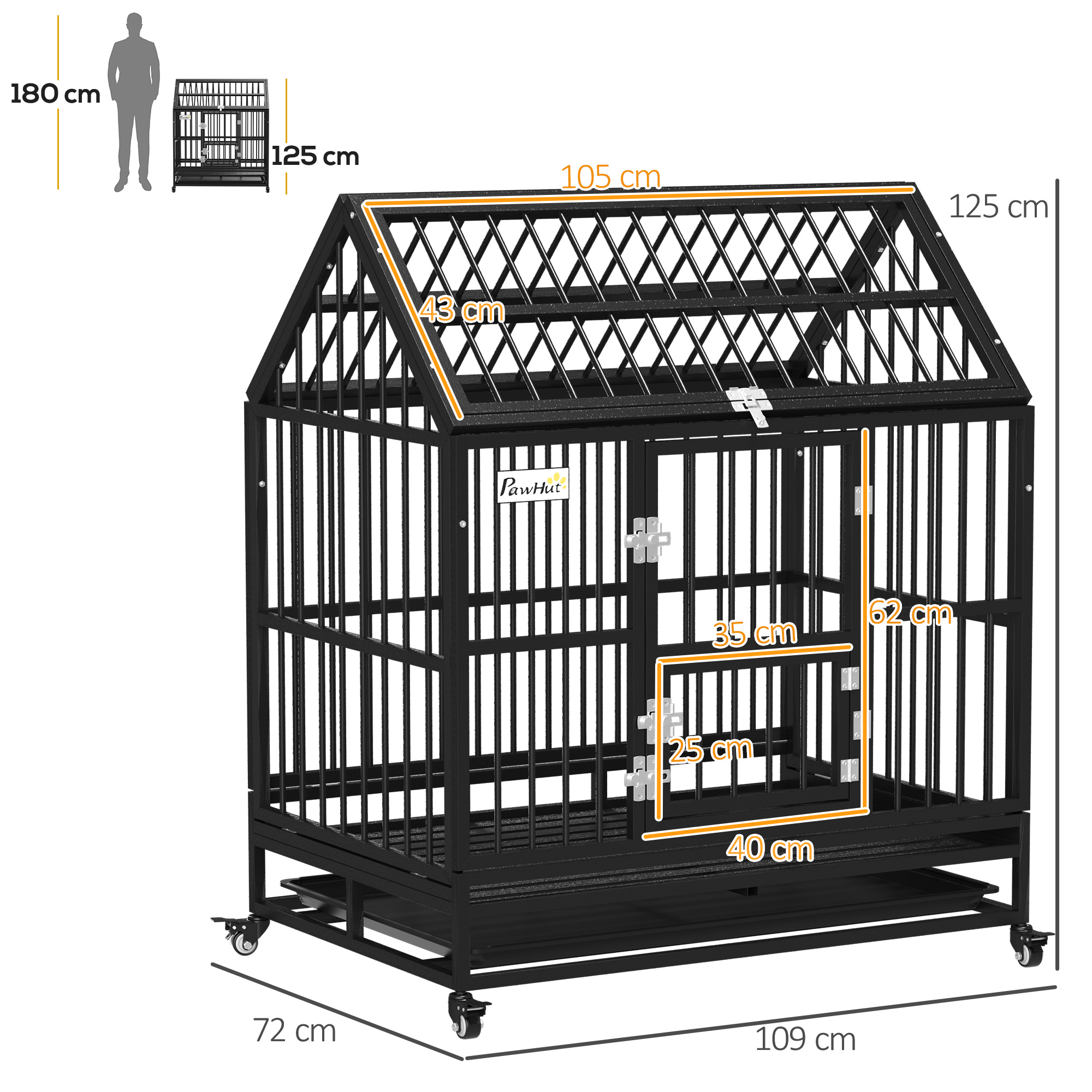 PawHut 43" Heavy Duty Dog Crate on Wheels, with Removable Tray, Openable Top