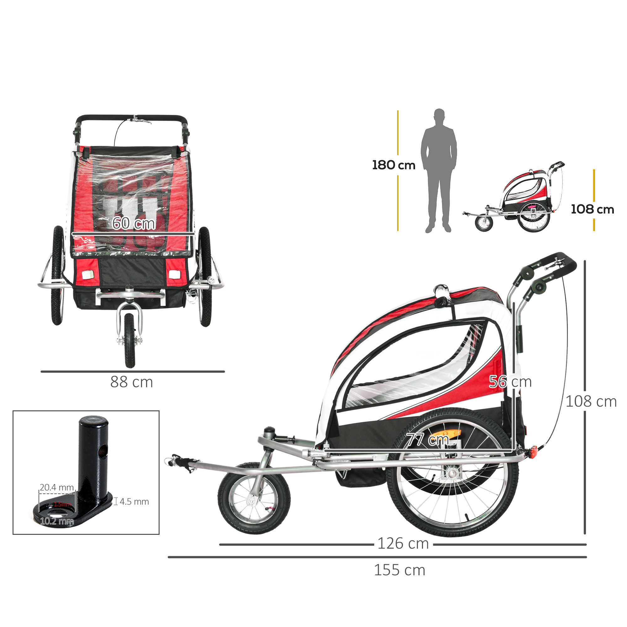 HOMCOM Child Bike Trailer Baby Bicycle Trailer 360Â° Rotatable for 2 Kids with Steel Frame LED Red