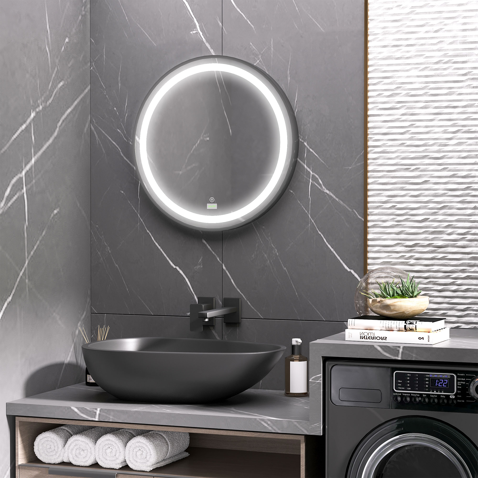 Kleankin LED Bathroom Mirror, Round, Dimmable, Wall-Mounted with 3 Temperature Colours, Memory Function, Hardwired.