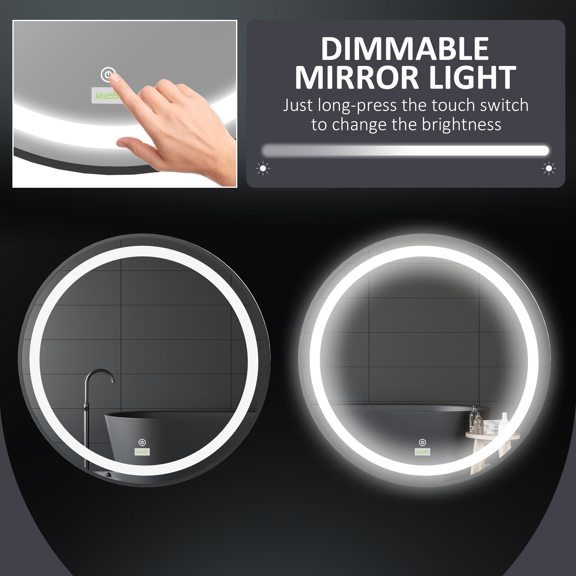 Kleankin LED Bathroom Mirror, Round, Dimmable, Wall-Mounted with 3 Temperature Colours, Memory Function, Hardwired.