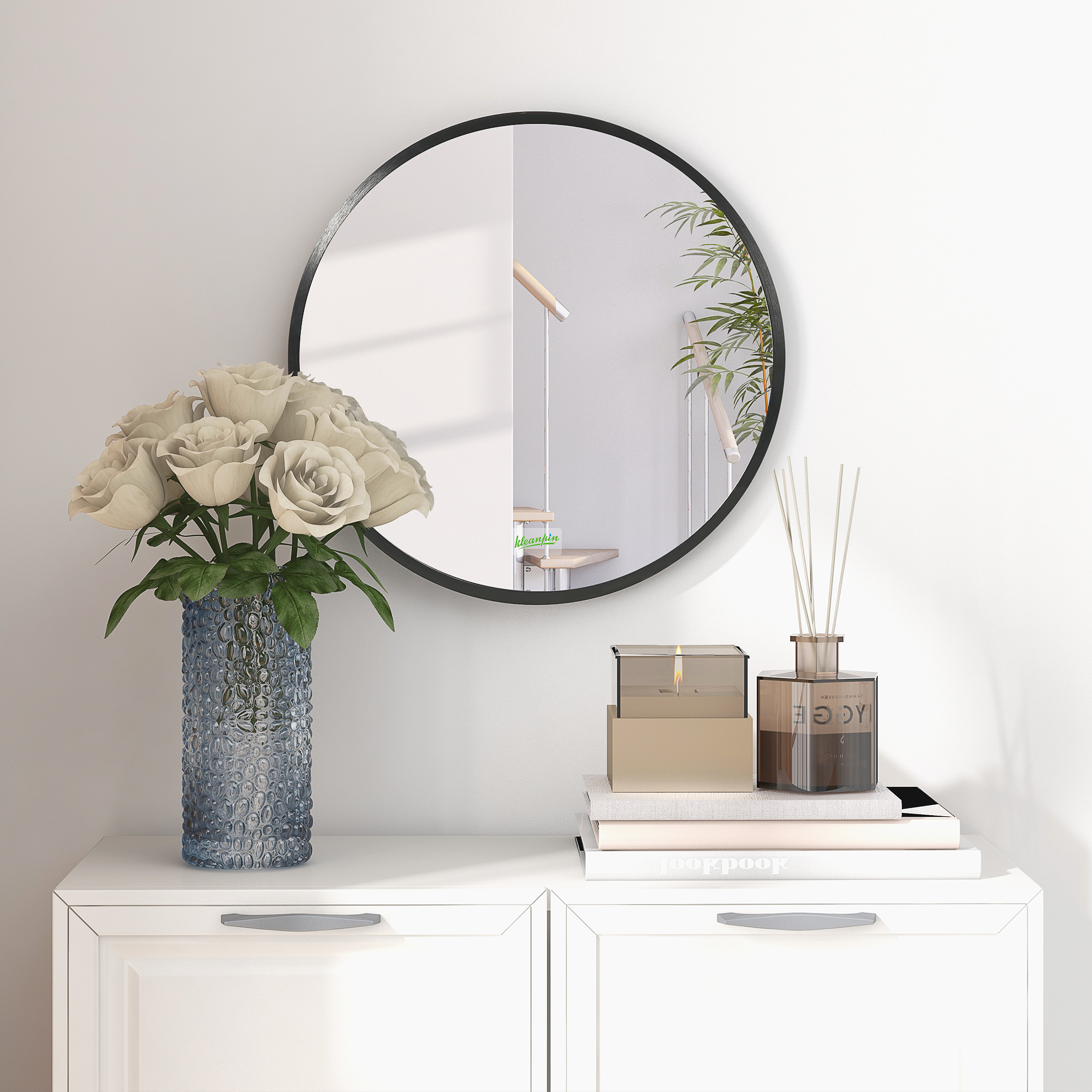 Kleankin Modern Round Bathroom Mirror, Wall-mounted Makeup Mirror with Aluminium Frame, Black, 40x40 cm.