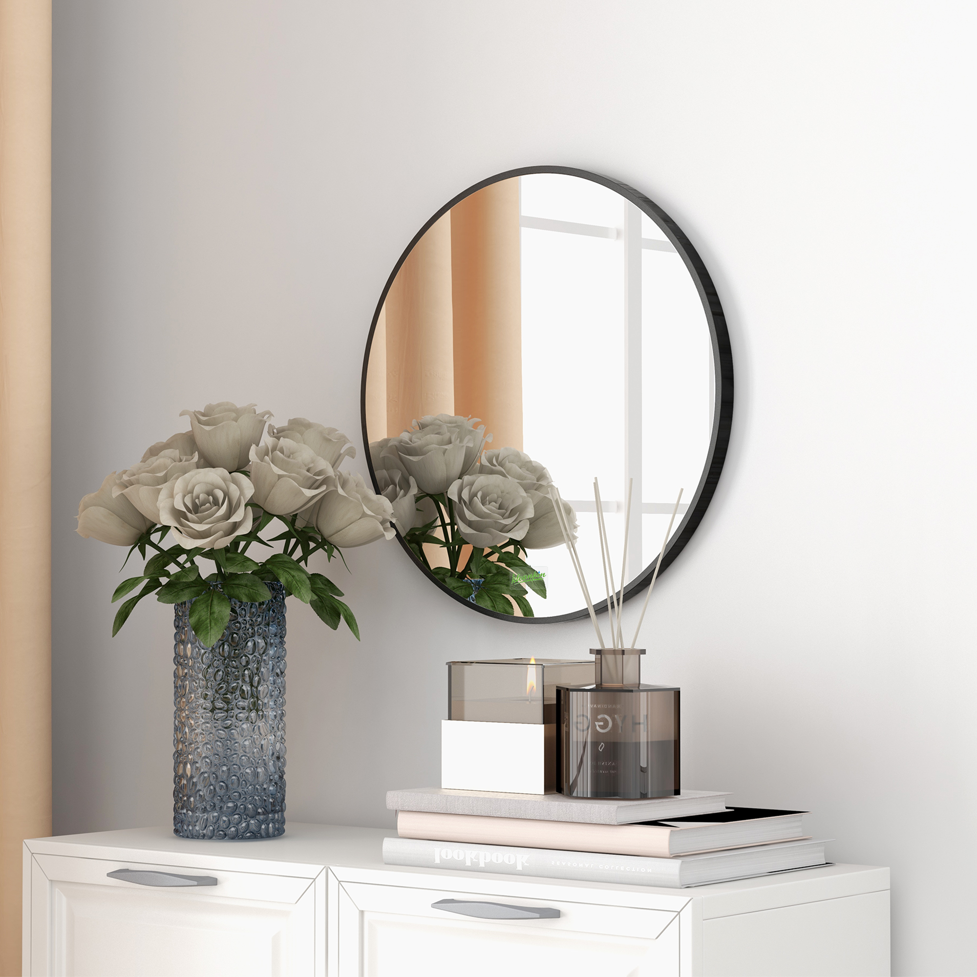 Kleankin Modern Round Bathroom Mirror, Wall-mounted Makeup Mirror with Aluminium Frame, Black, 40x40 cm.