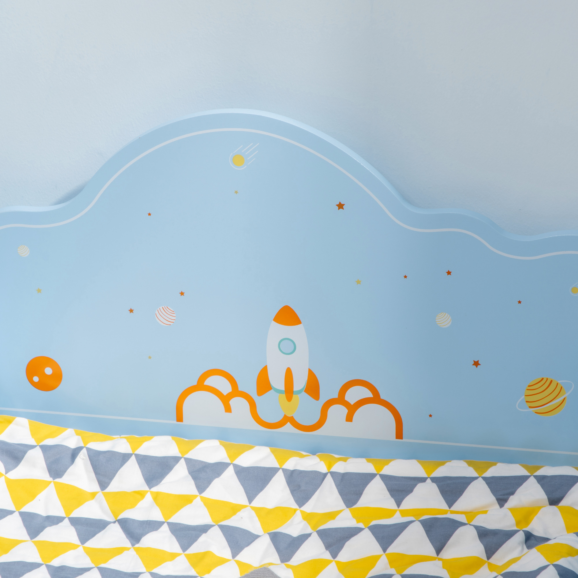 ZONEKIZ Toddler Bed with Rocket & Plants Patterns, Kids Bedroom Furniture, Safety Side Rails, Blue