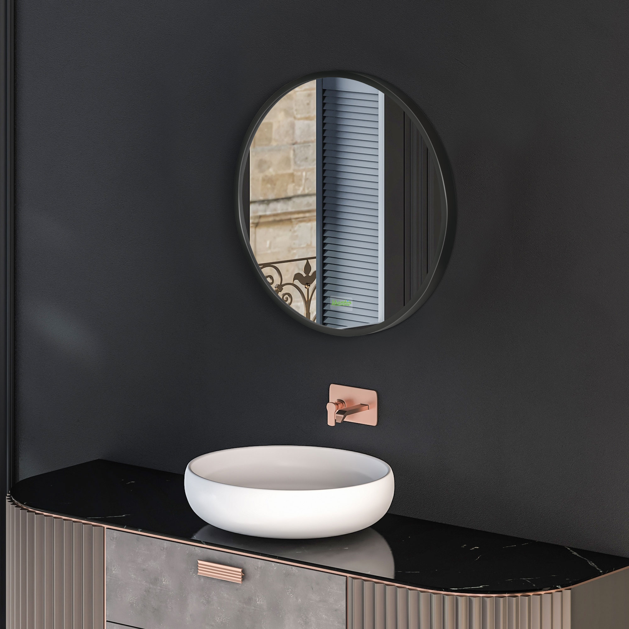 Kleankin Modern Round Bathroom Mirror, Wall-mounted Makeup Mirror with Aluminium Frame, Black, 40x40 cm.
