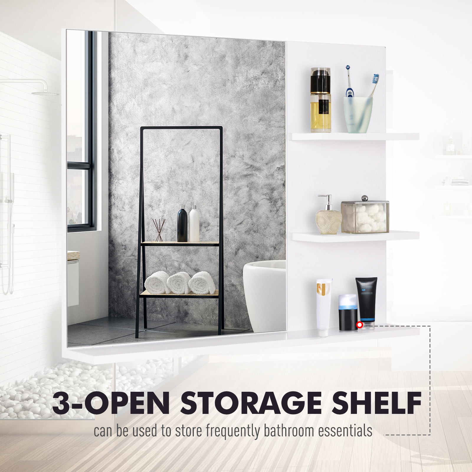 kleankin Elegant Wall-Mounted Vanity Mirror for Bathrooms, Modern Design with 3 Tier Storage Shelves, Makeup Organiser, White