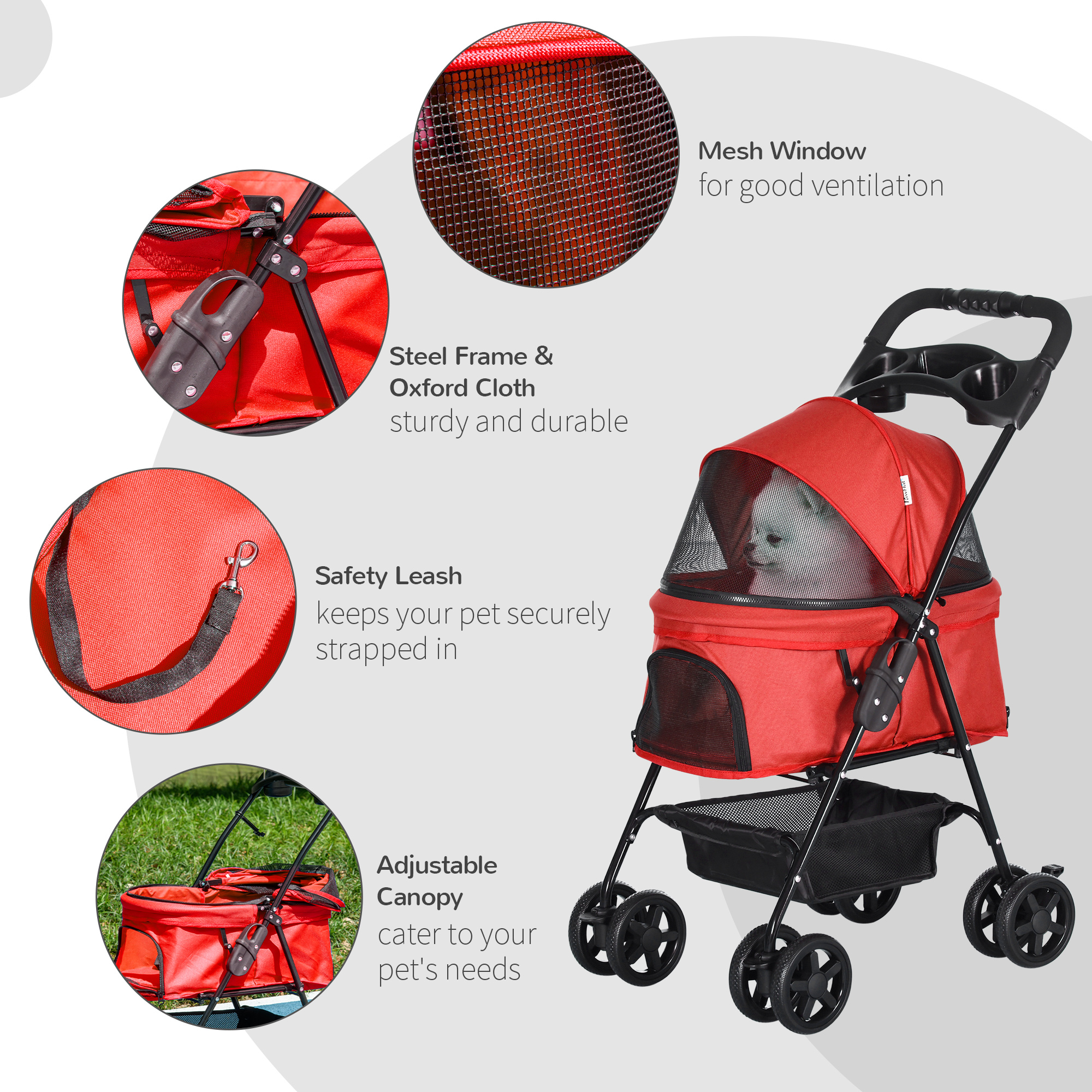 PawHut Pet Pushchair No-Zip Dog Cat Jogger Foldable Trolley with EVA Wheels, Brake, Basket, Adjustable Canopy & Safety Leash, Red