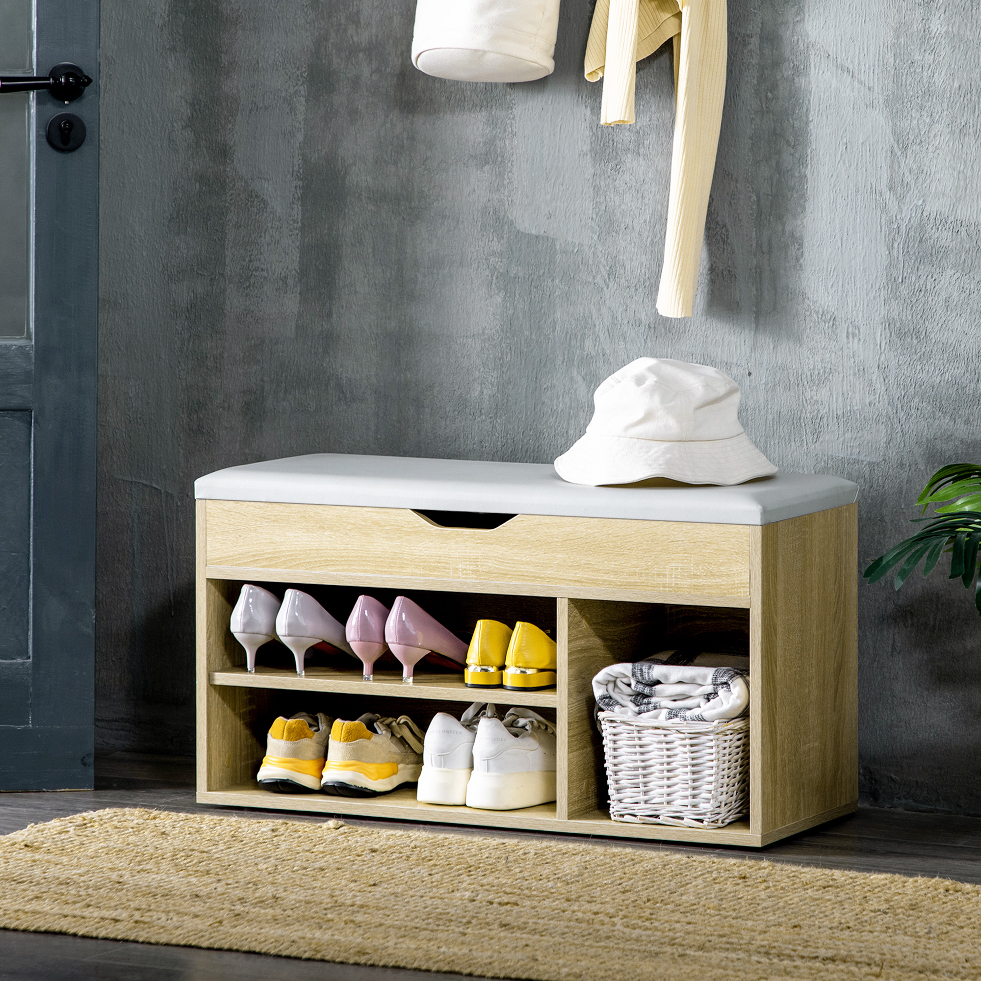 HOMCOM Shoe Storage Bench with Hidden Compartment, Padded Seat Footwear Organiser, Hallway Furniture, Oak Tone
