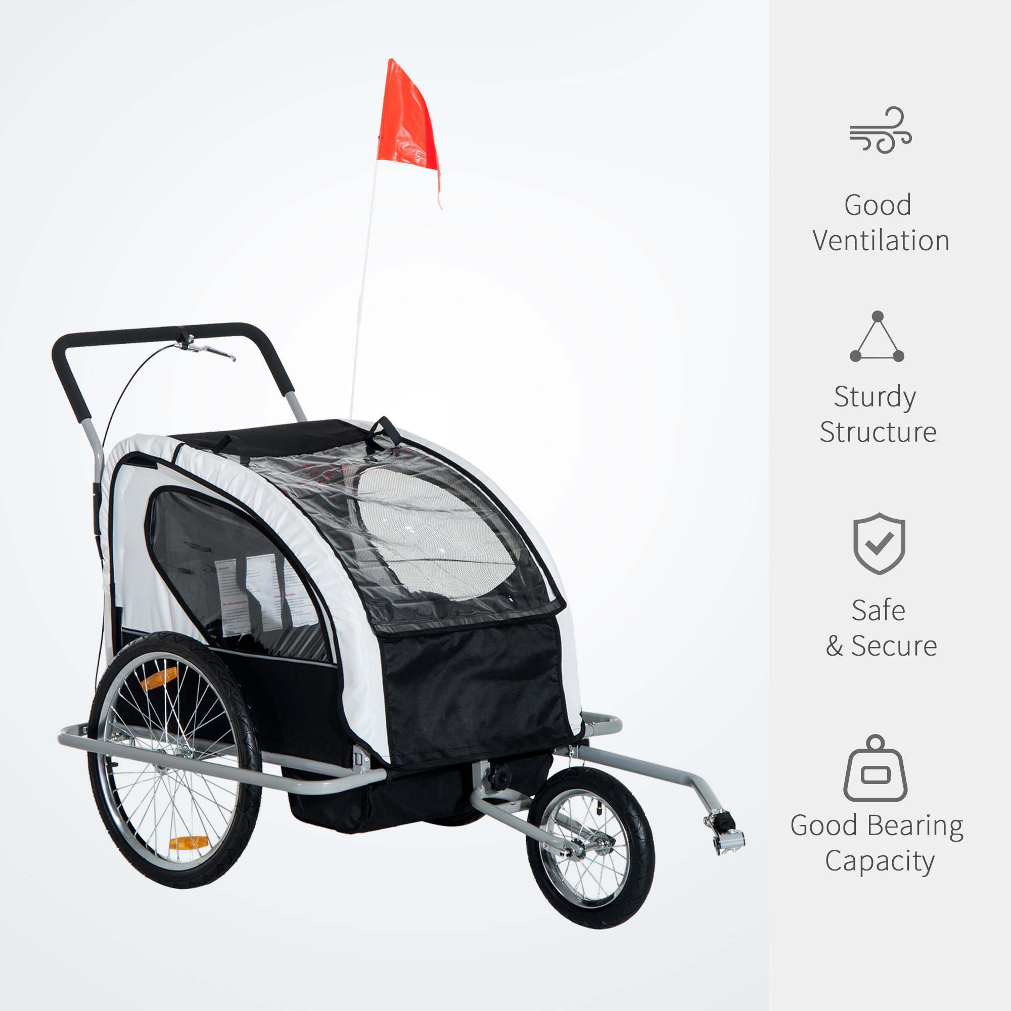 HOMCOM Collapsible Bike Trailer 2-Seater for Baby Bicycle with Pivot Wheel Suitable For 18 Month + Child(Black and White)