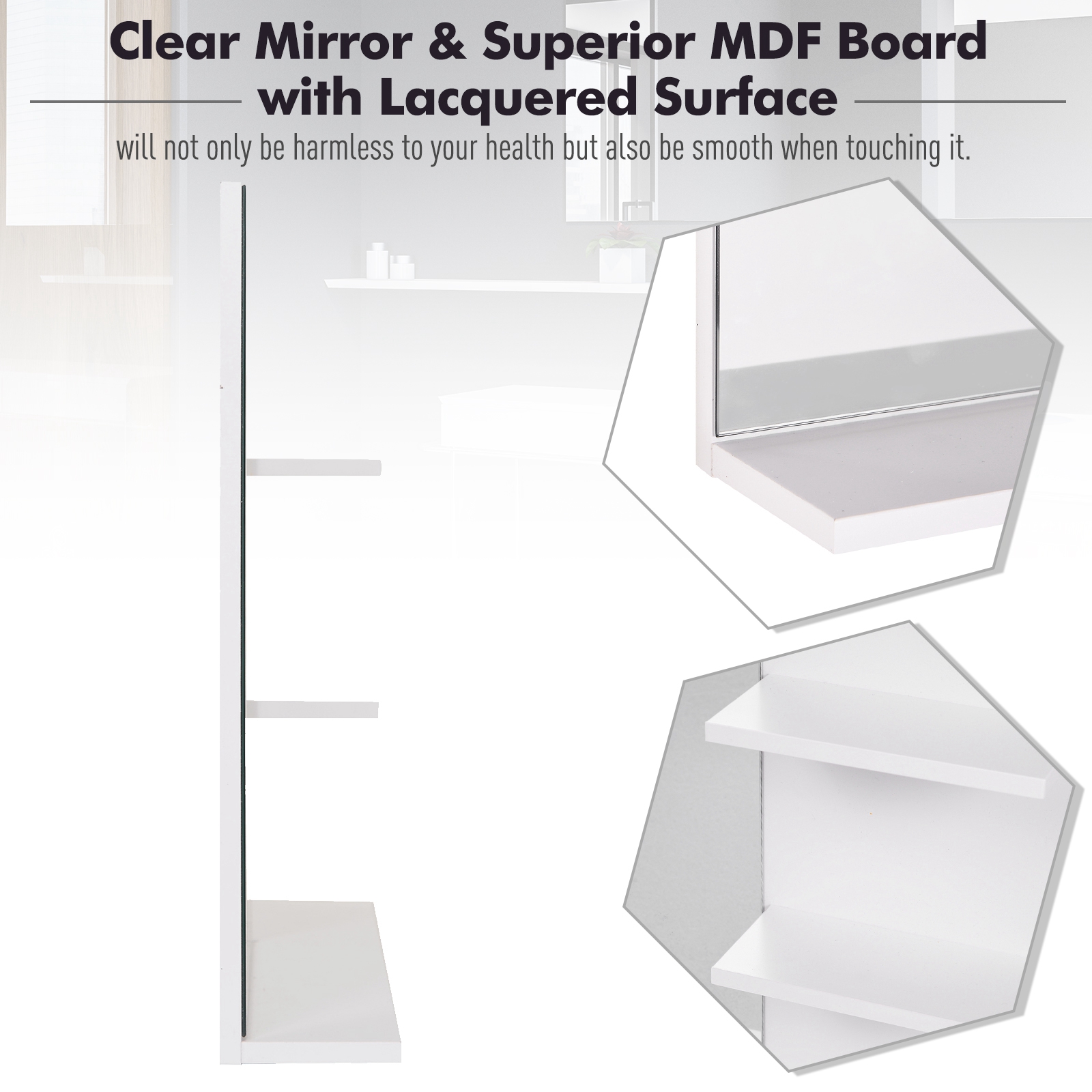 kleankin Elegant Wall-Mounted Vanity Mirror for Bathrooms, Modern Design with 3 Tier Storage Shelves, Makeup Organiser, White