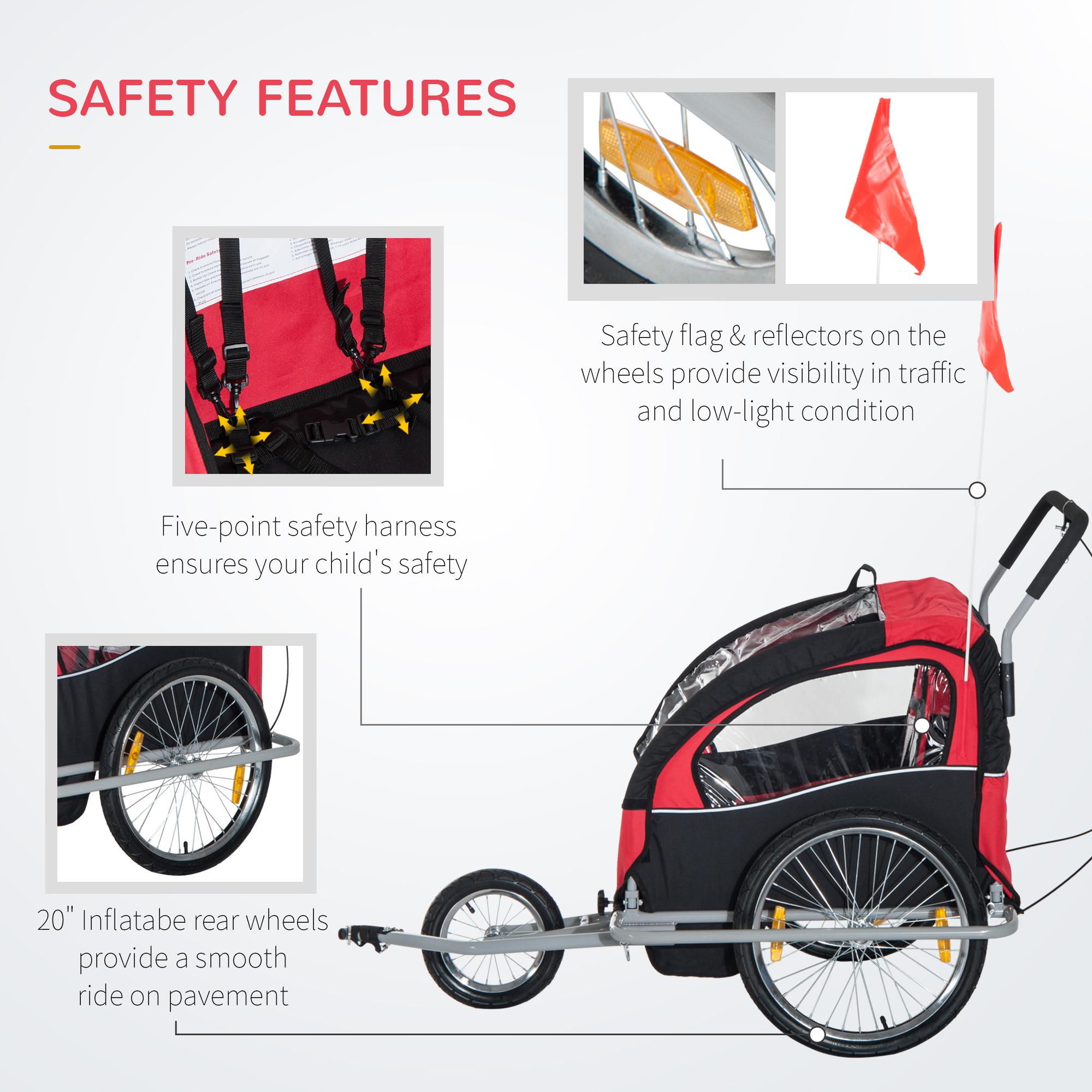 HOMCOM Collapsible Bike Trailer 2-Seater for Baby Bicycle with Pivot Wheel Suitable For 18 Month + Child(Black and Red)