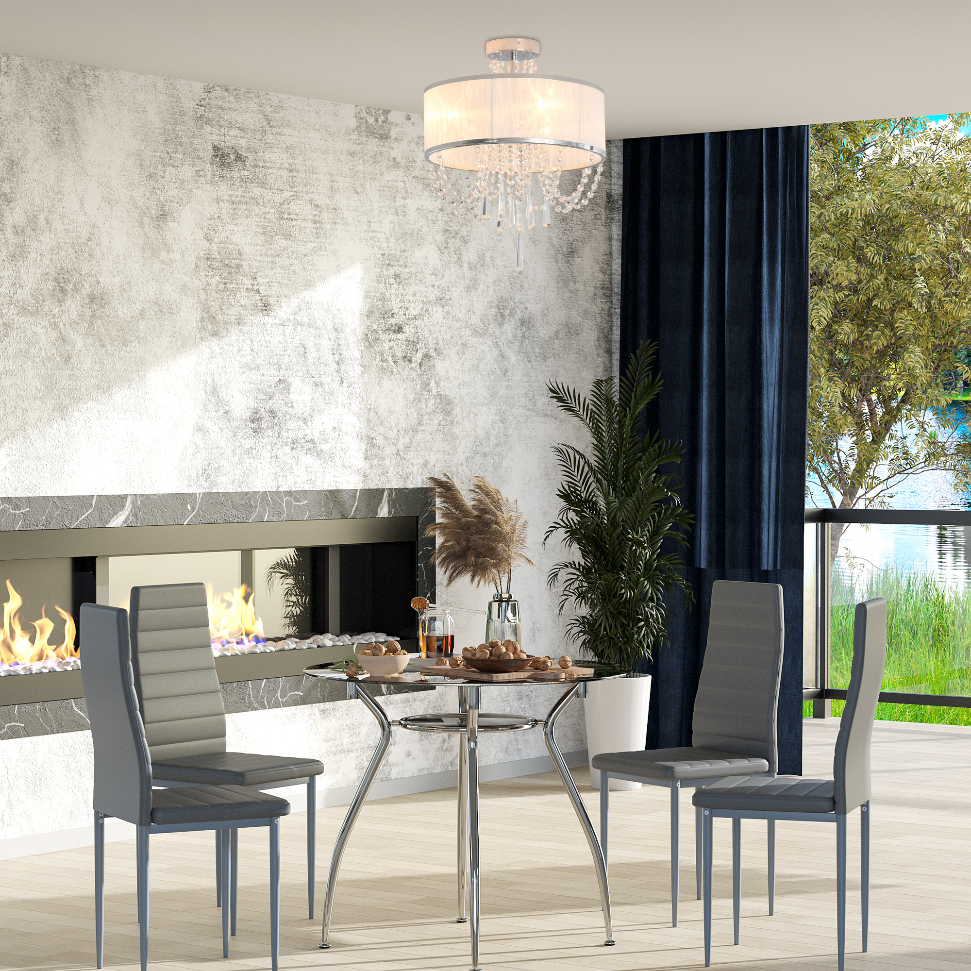 HOMCOM Elegant Metal Ceiling Light Chandelier with Pleated Fabric Lampshade, Decorative Crystal Pendants, for Living Room, Dining Room, Bedroom, White