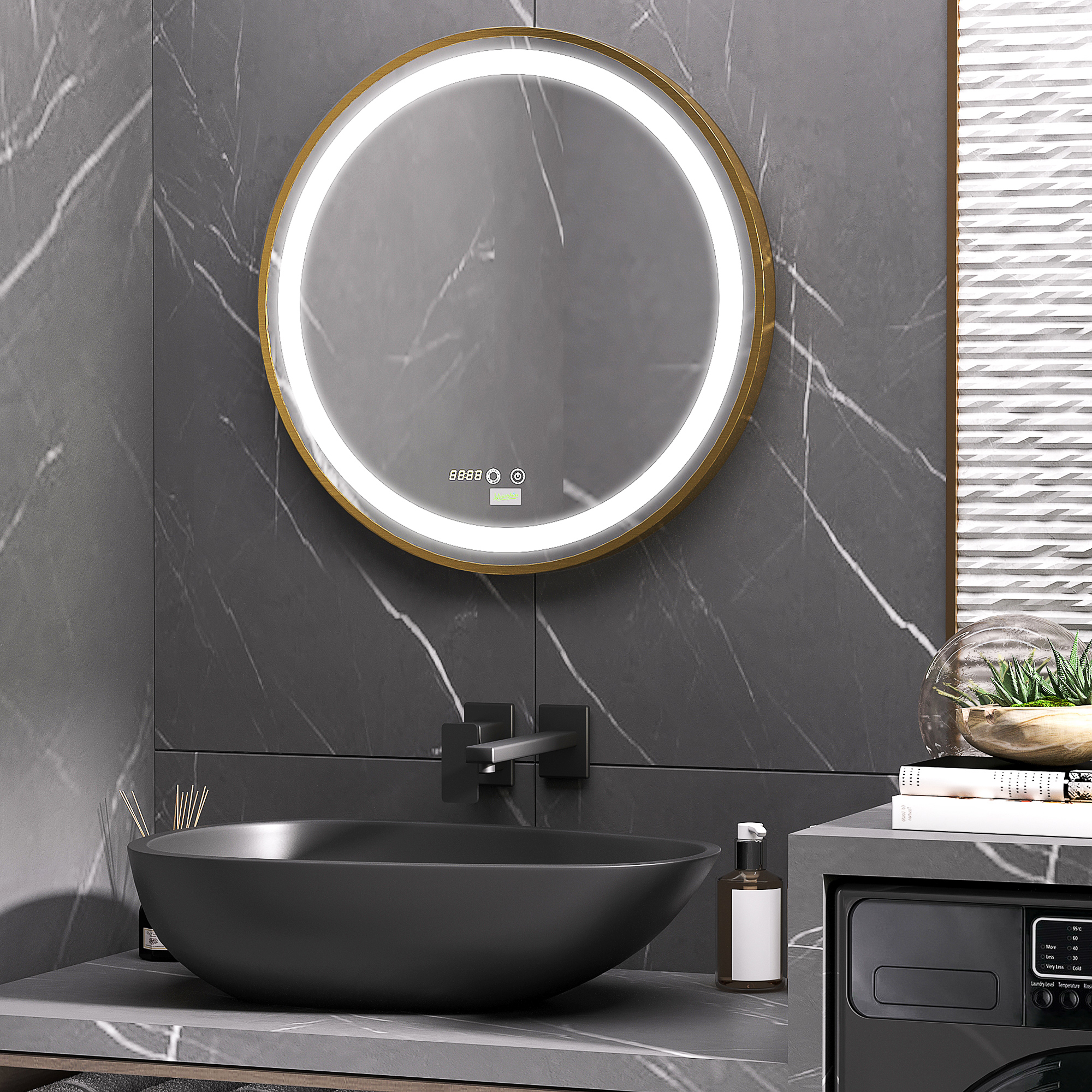 Kleankin Round LED Bathroom Mirror, Dimmable Lighted Wall Mount, 3 Colours, Time Display, Memory Function, 60cm, Silver