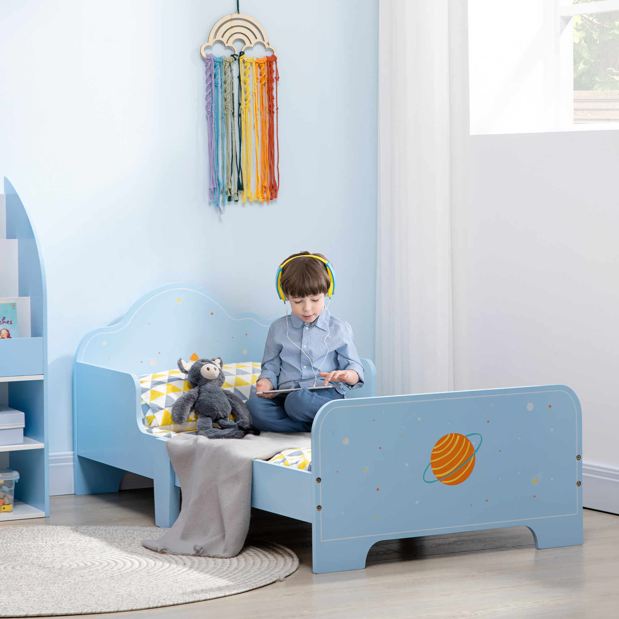 ZONEKIZ Toddler Bed with Rocket & Plants Patterns, Kids Bedroom Furniture, Safety Side Rails, Blue