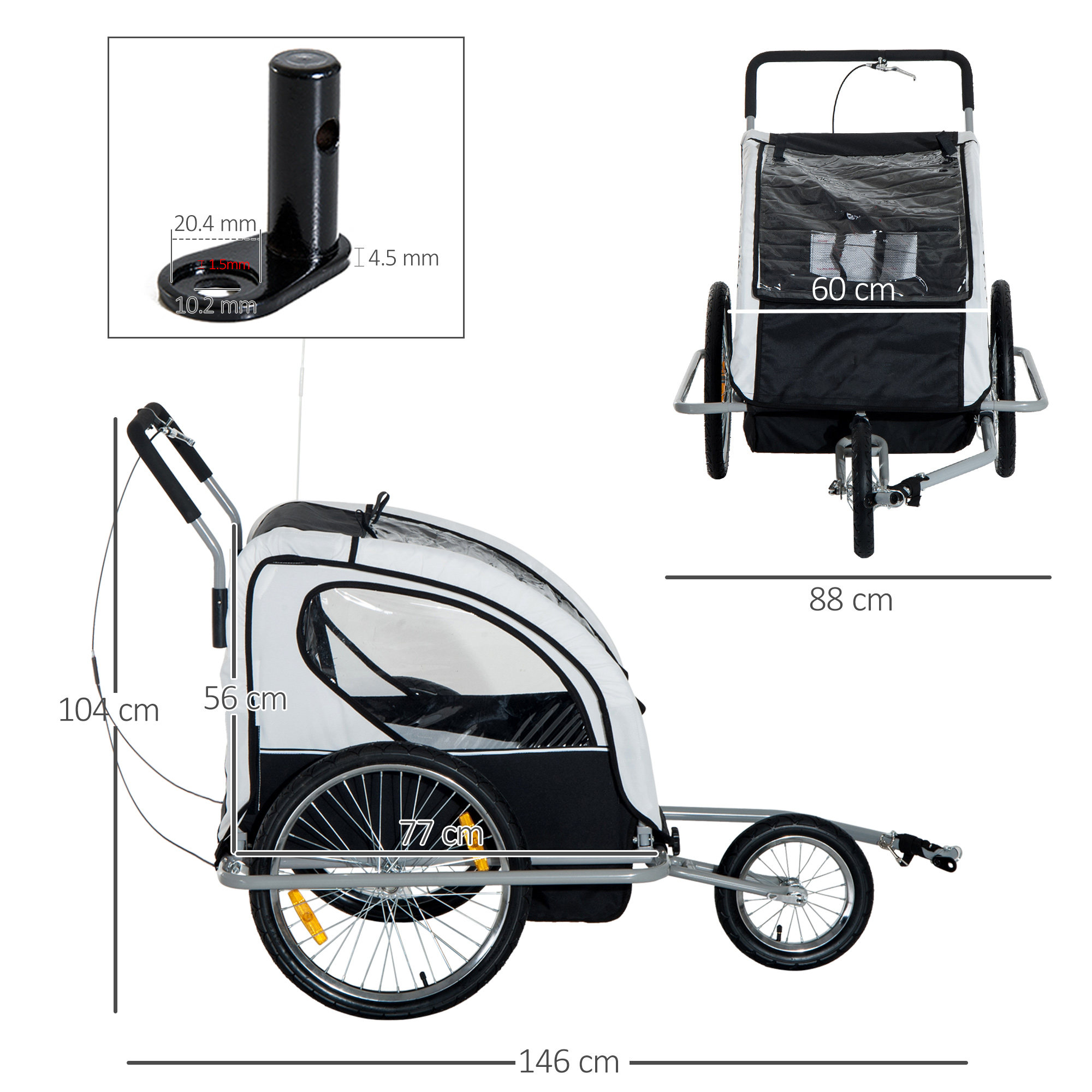 HOMCOM Collapsible Bike Trailer 2-Seater for Baby Bicycle with Pivot Wheel Suitable For 18 Month + Child(Black and White)