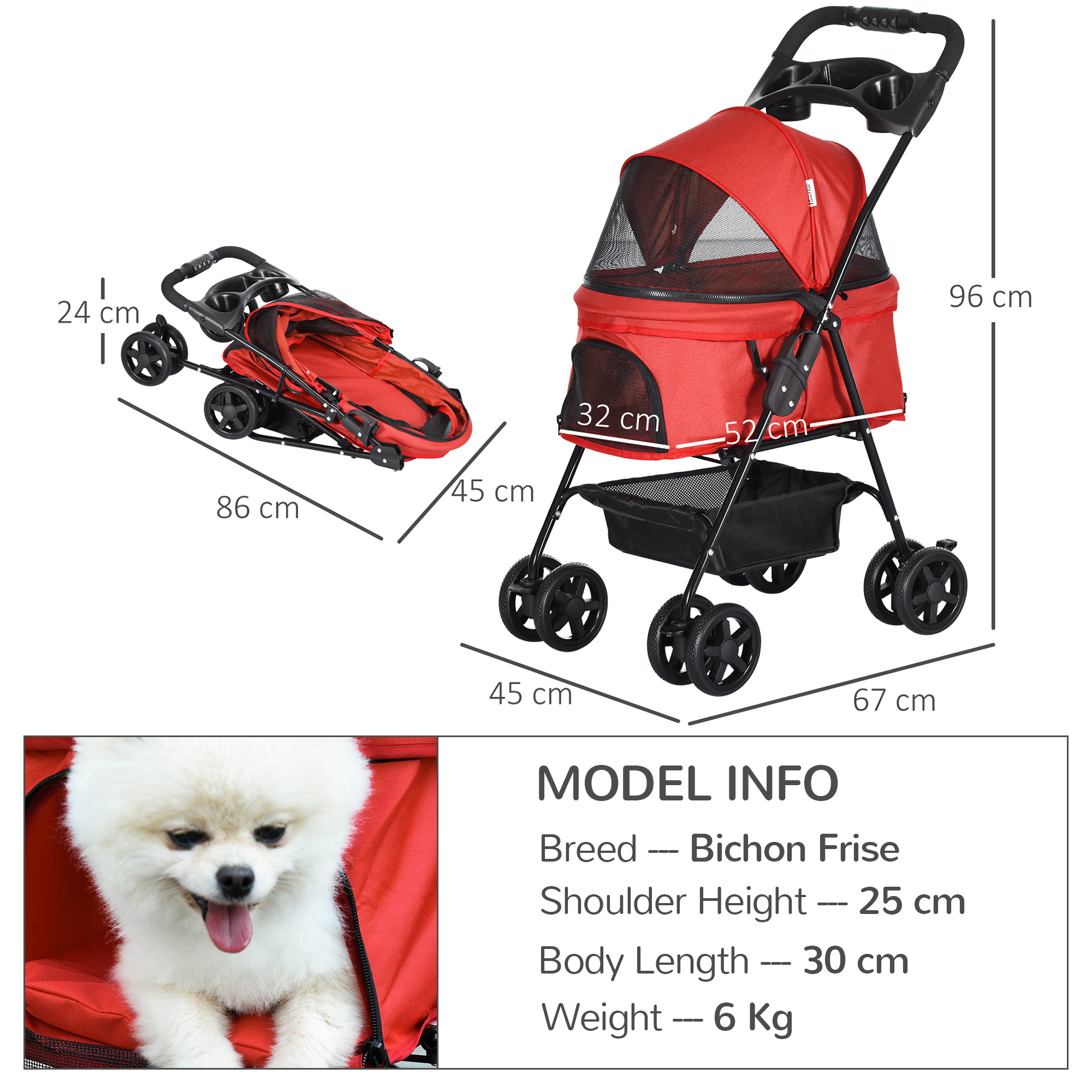PawHut Pet Pushchair No-Zip Dog Cat Jogger Foldable Trolley with EVA Wheels, Brake, Basket, Adjustable Canopy & Safety Leash, Red