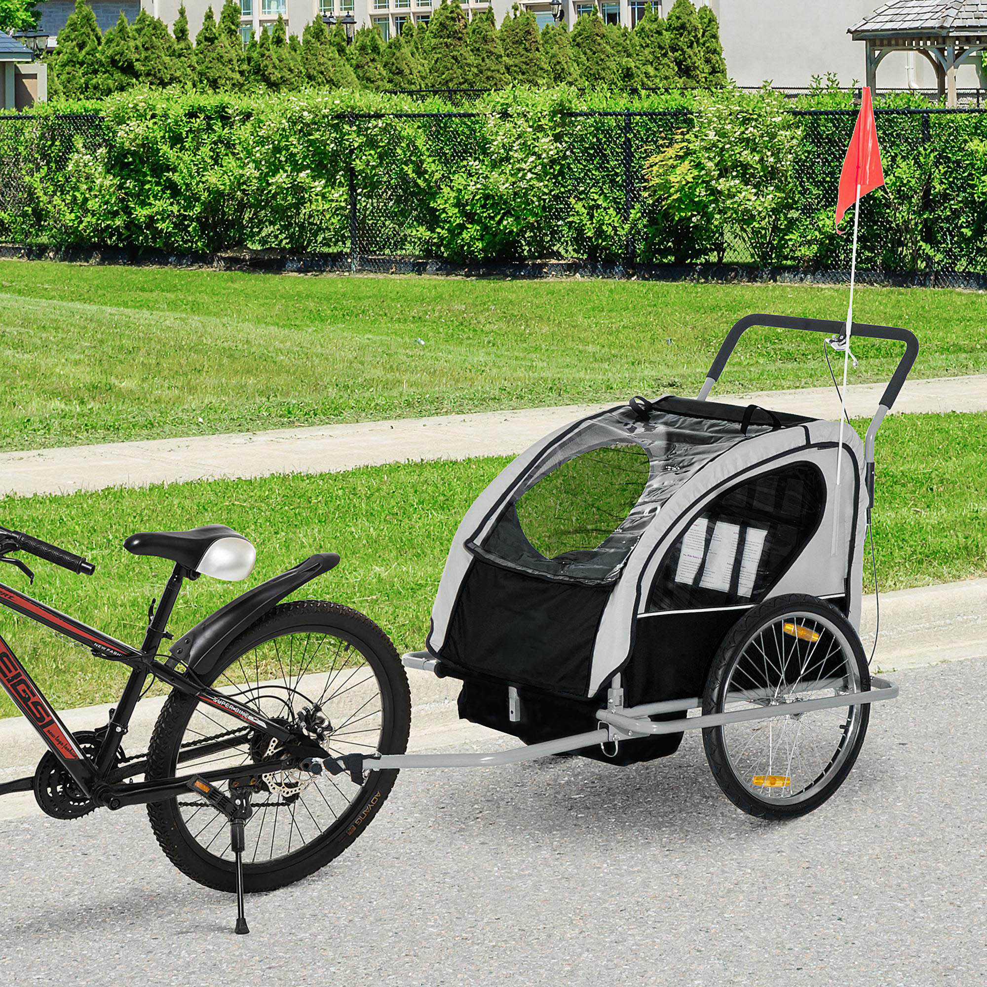 HOMCOM Collapsible Bike Trailer 2-Seater for Baby Bicycle with Pivot Wheel Suitable For 18 Month + Child(Black and White)