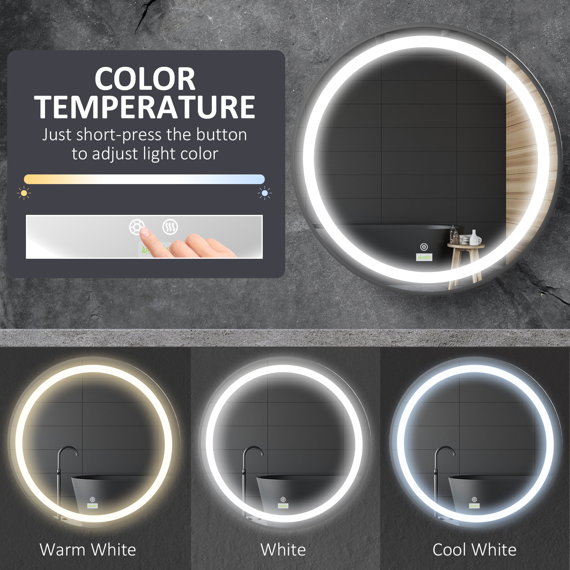 Kleankin LED Bathroom Mirror, Round, Dimmable, Wall-Mounted with 3 Temperature Colours, Memory Function, Hardwired.