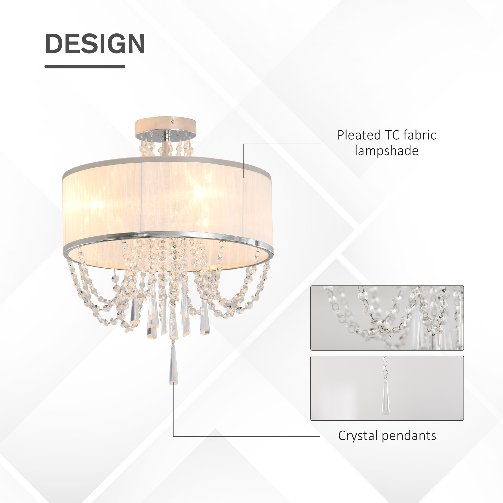 HOMCOM Elegant Metal Ceiling Light Chandelier with Pleated Fabric Lampshade, Decorative Crystal Pendants, for Living Room, Dining Room, Bedroom, White