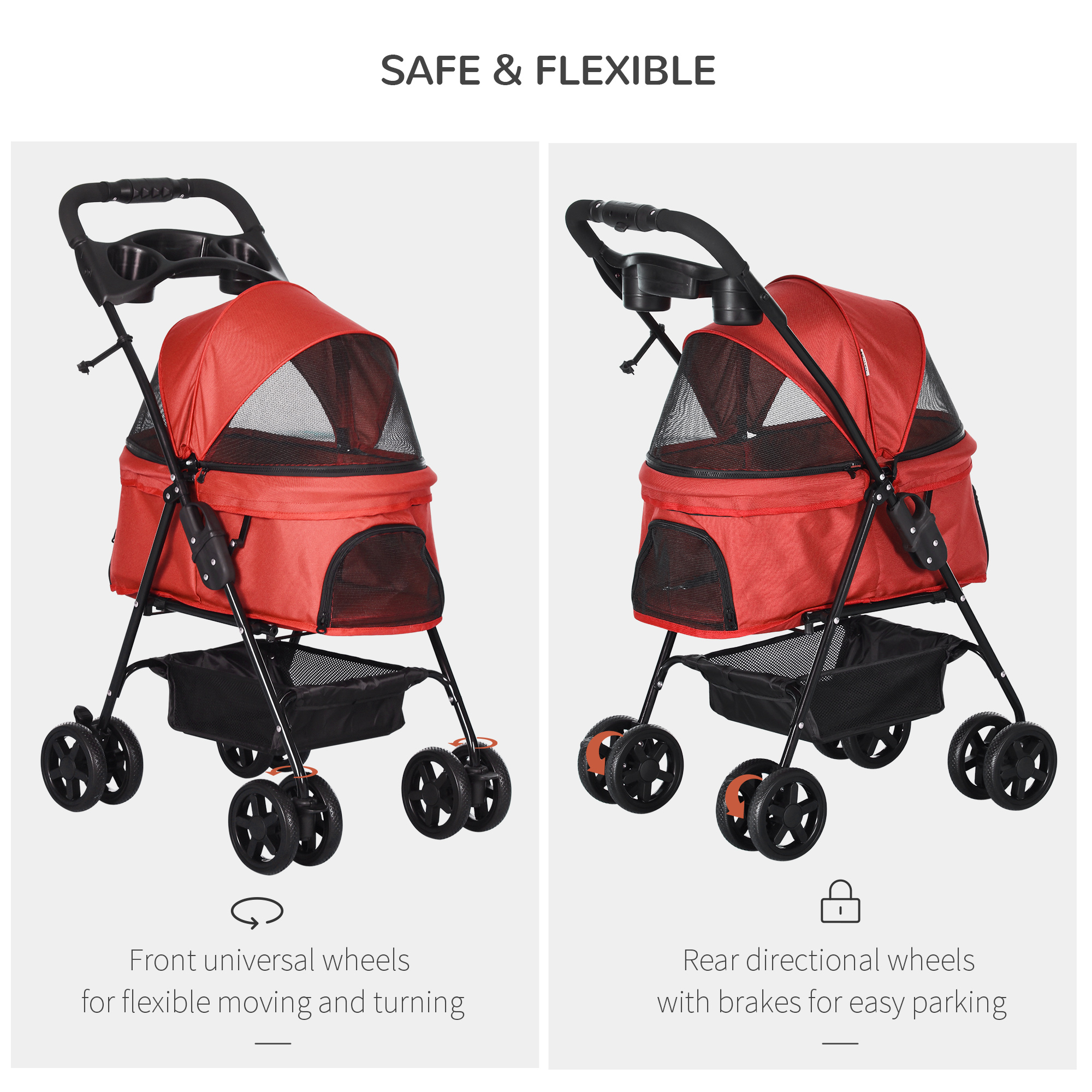 PawHut Pet Pushchair No-Zip Dog Cat Jogger Foldable Trolley with EVA Wheels, Brake, Basket, Adjustable Canopy & Safety Leash, Red