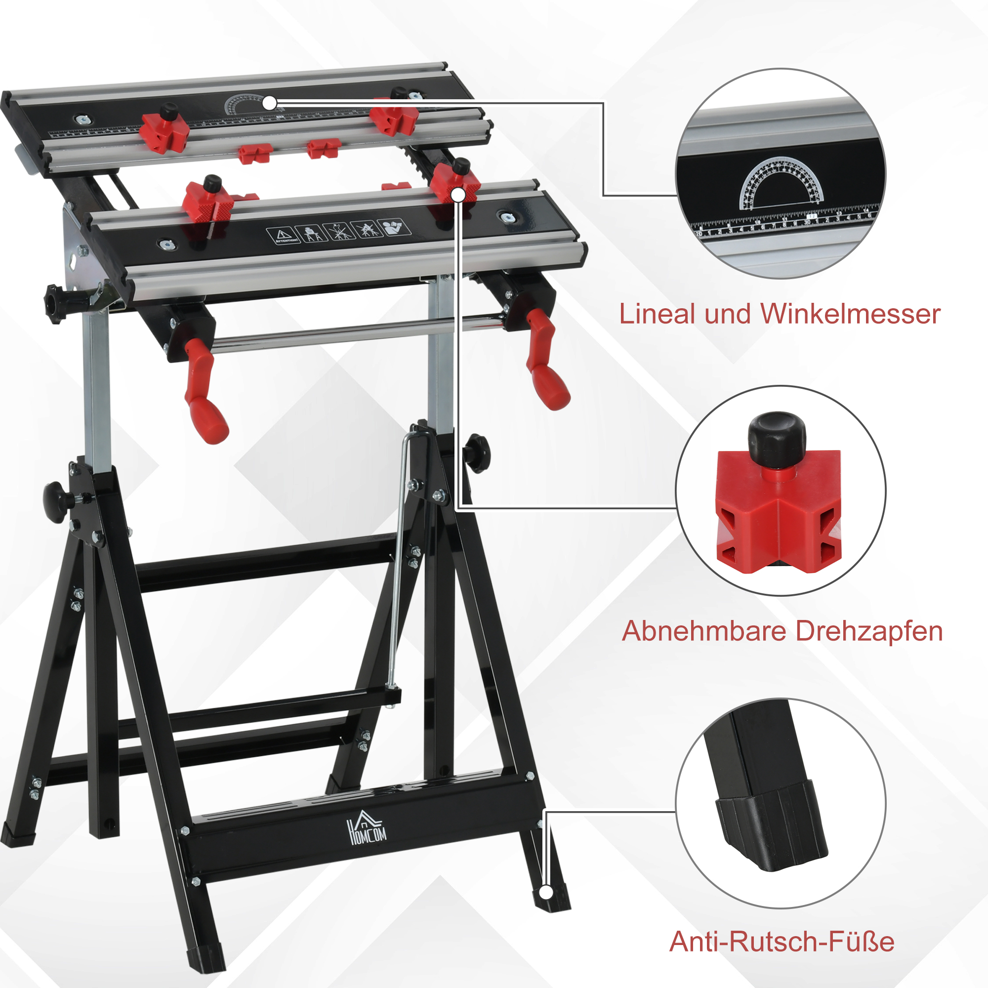 HOMCOM Foldable Work Bench Tool Stand with Adjustable Height and Clamps, Carpenter Saw Table, Heavy Duty Steel Frame, 100kg Capacity