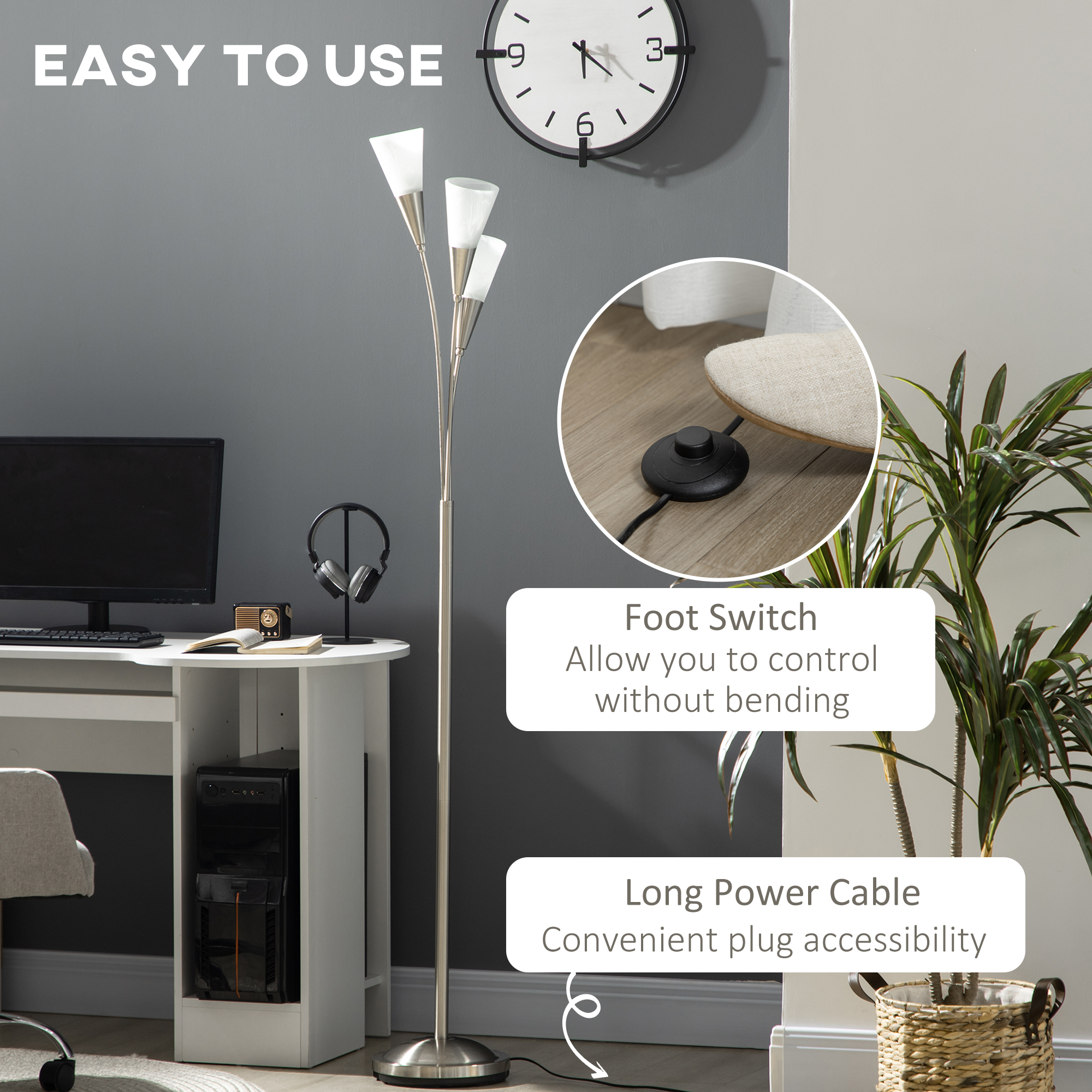 HOMCOM 3-Light Standard Lamps for Living Room, Modern Standing Lamp for Bedroom with Steel Base, (Bulb not Included), Silver