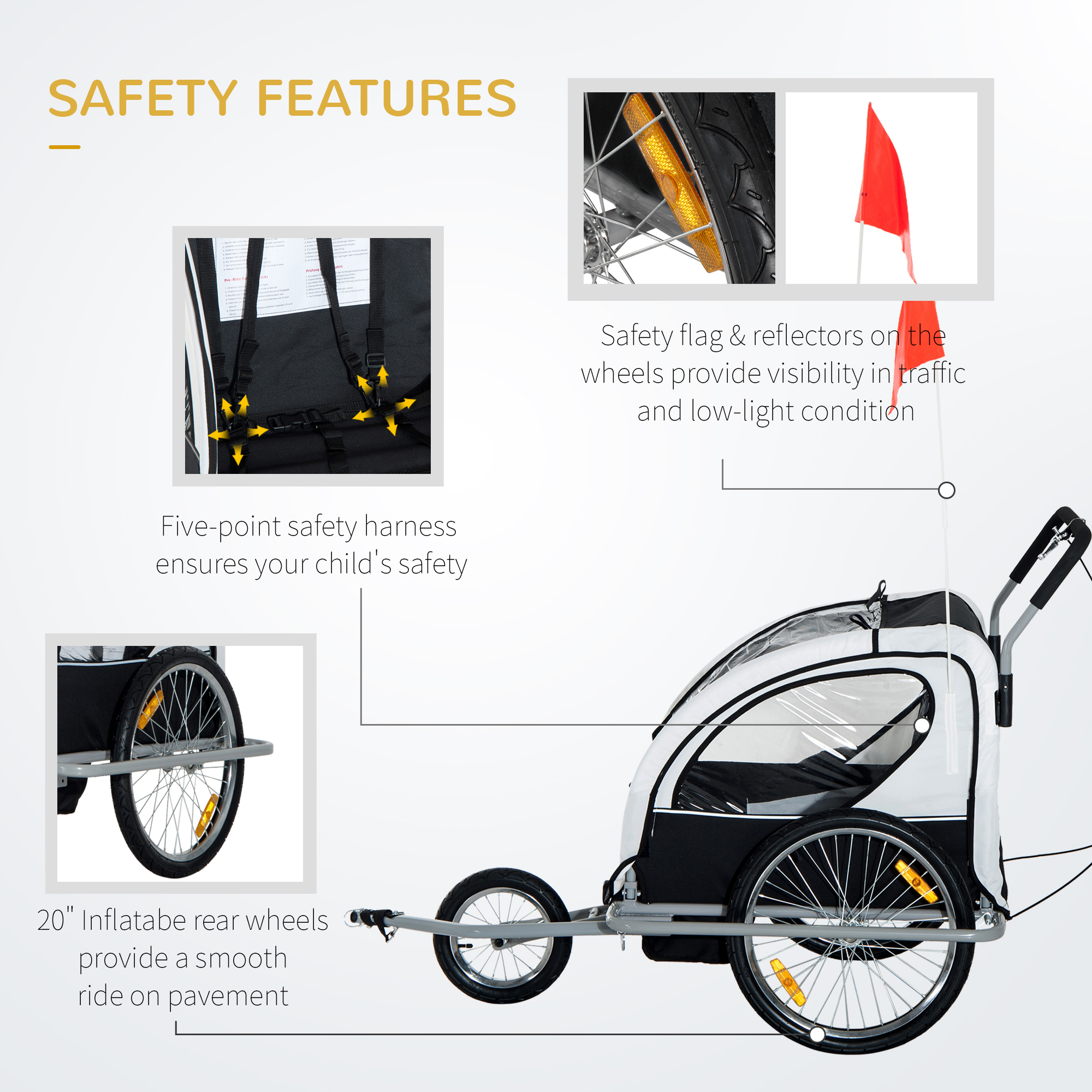 HOMCOM Collapsible Bike Trailer 2-Seater for Baby Bicycle with Pivot Wheel Suitable For 18 Month + Child(Black and White)