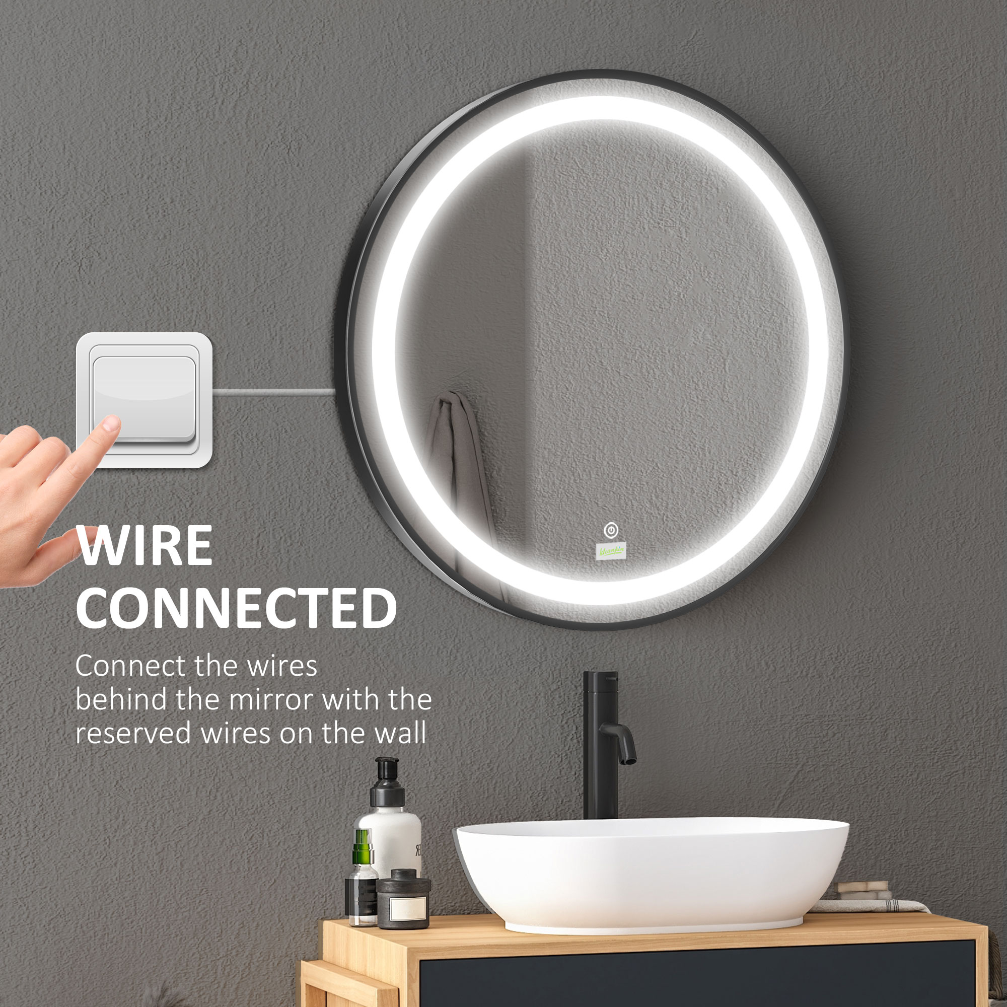 Kleankin LED Bathroom Mirror, Round, Dimmable, Wall-Mounted with 3 Temperature Colours, Memory Function, Hardwired.