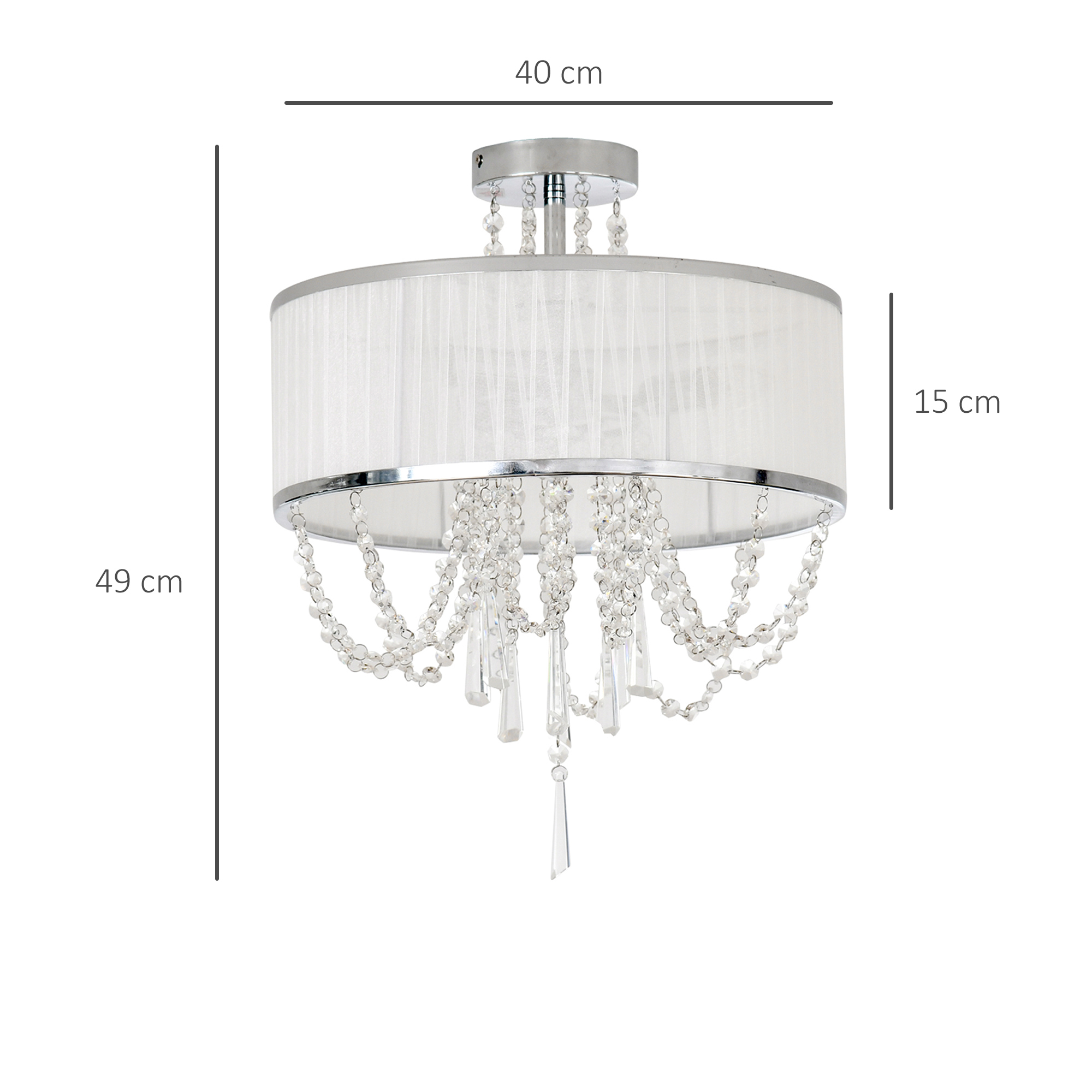 HOMCOM Elegant Metal Ceiling Light Chandelier with Pleated Fabric Lampshade, Decorative Crystal Pendants, for Living Room, Dining Room, Bedroom, White
