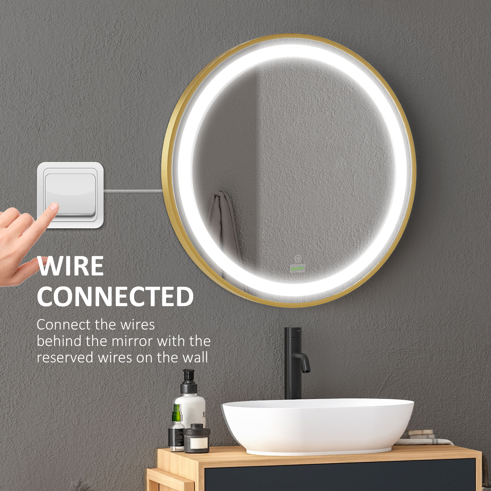 Kleankin Round LED Bathroom Mirror, Dimmable Lighted Wall Mount, 3 Colours, Time Display, Memory Function, 60cm, Silver