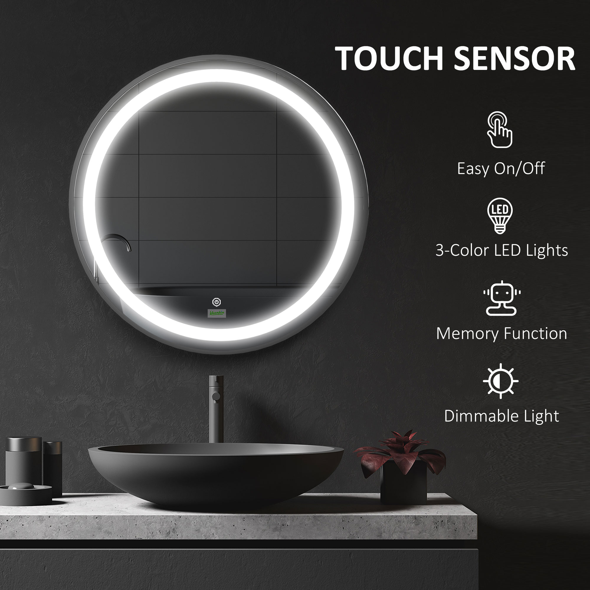 Kleankin LED Bathroom Mirror, Round, Dimmable, Wall-Mounted with 3 Temperature Colours, Memory Function, Hardwired.