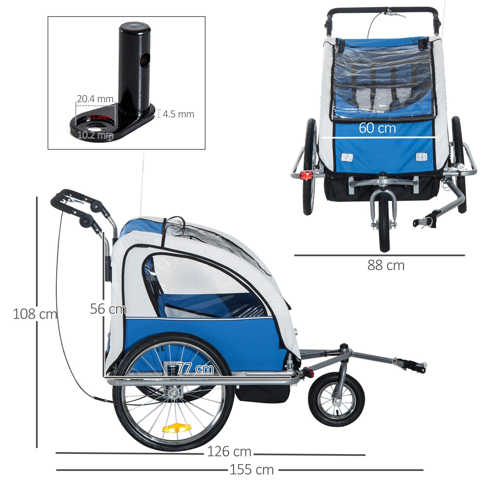 HOMCOM Bike Trailer 2-Seater for Bicycle Baby Child Jogger with Removable Canopy Storage Pocket Outdoor Steel Frame Blue