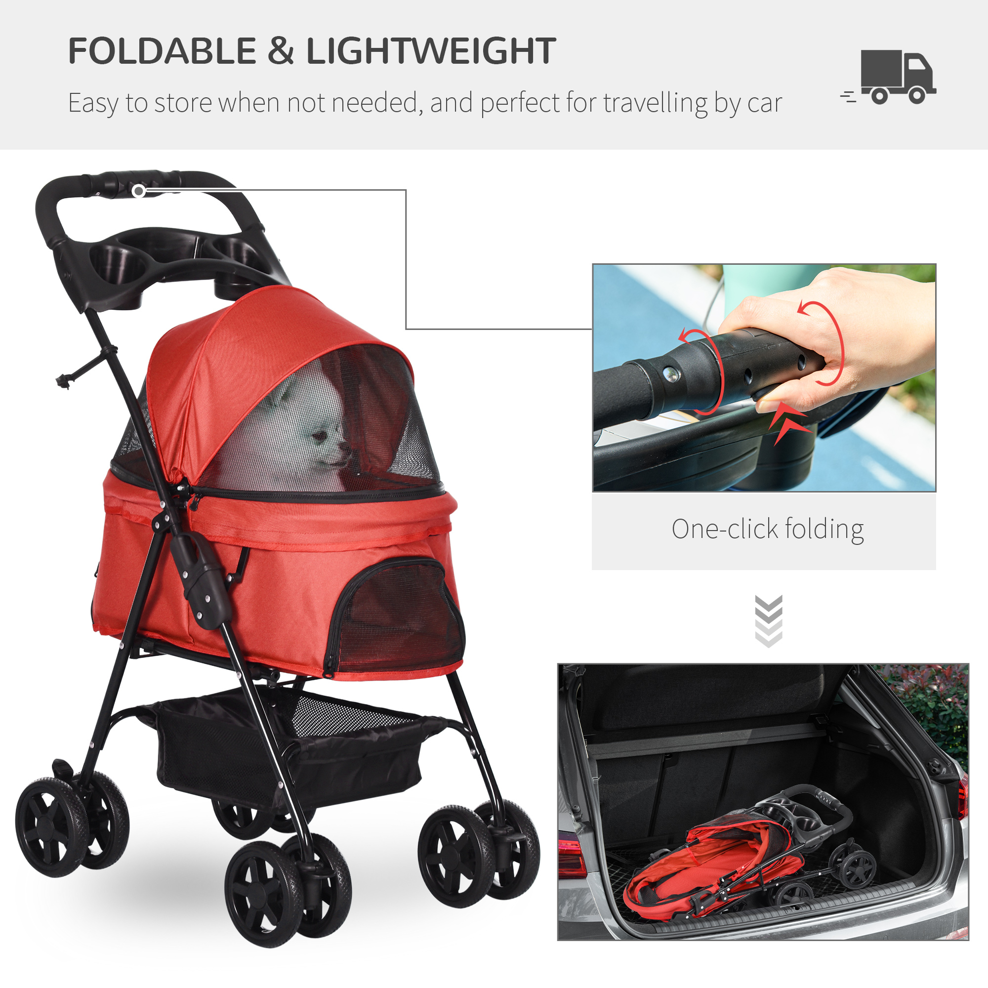 PawHut Pet Pushchair No-Zip Dog Cat Jogger Foldable Trolley with EVA Wheels, Brake, Basket, Adjustable Canopy & Safety Leash, Red