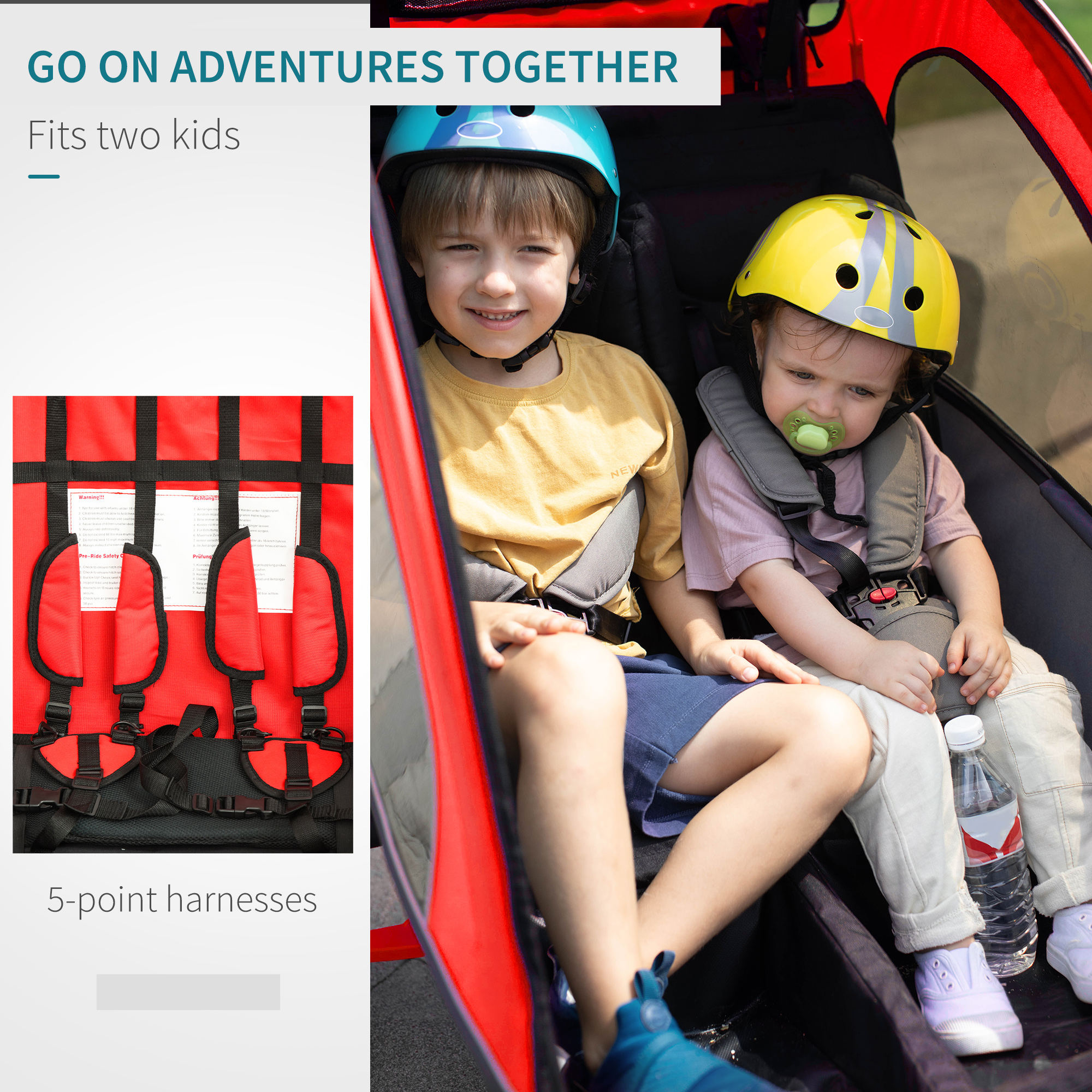 HOMCOM Child Bike Trailer Baby Bicycle Trailer 360Â° Rotatable for 2 Kids with Steel Frame LED Red