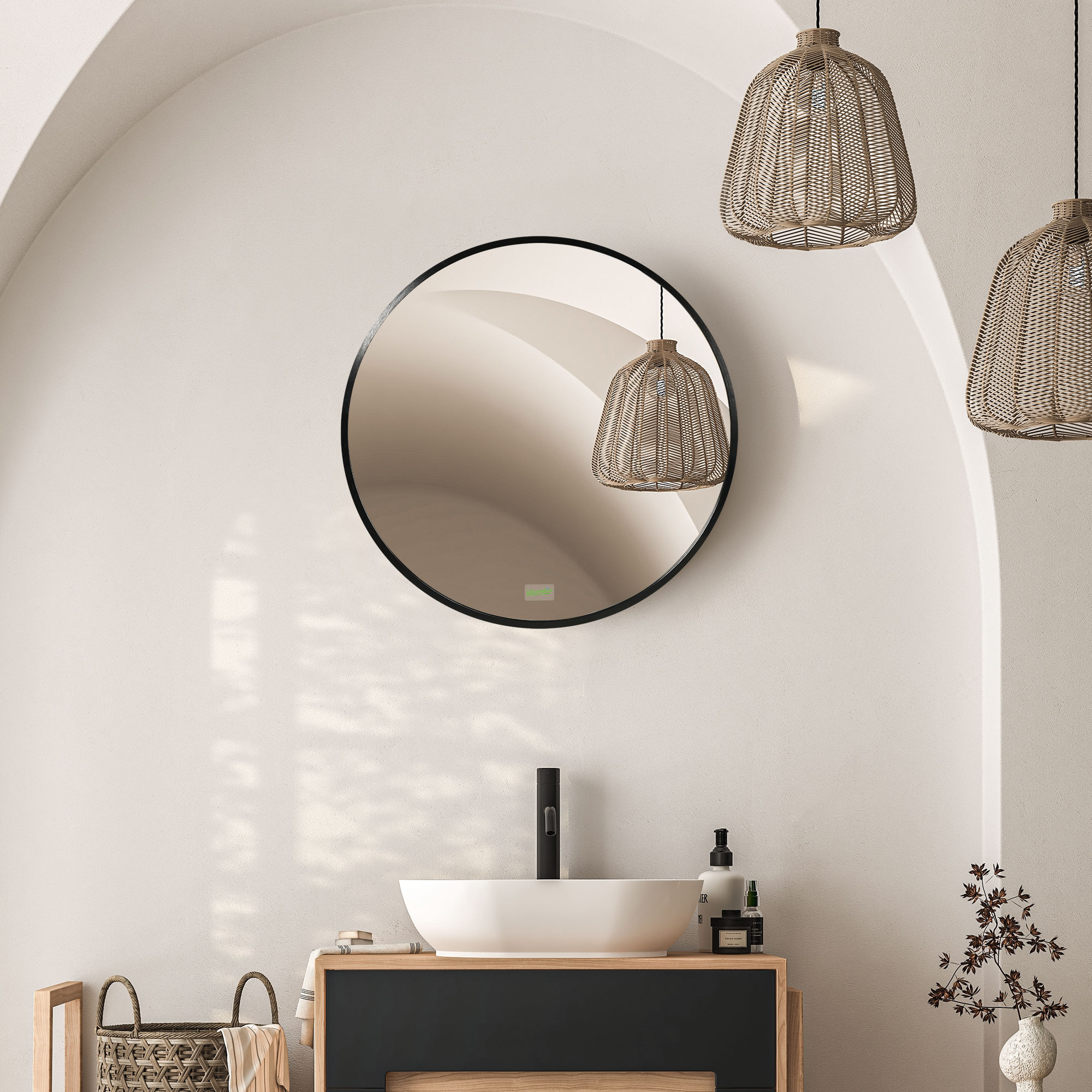 kleankin Round Bathroom Mirror, Modern Wall-mounted Makeup Mirror with Aluminium Frame for Washroom Living Room, Black, 50x50 cm