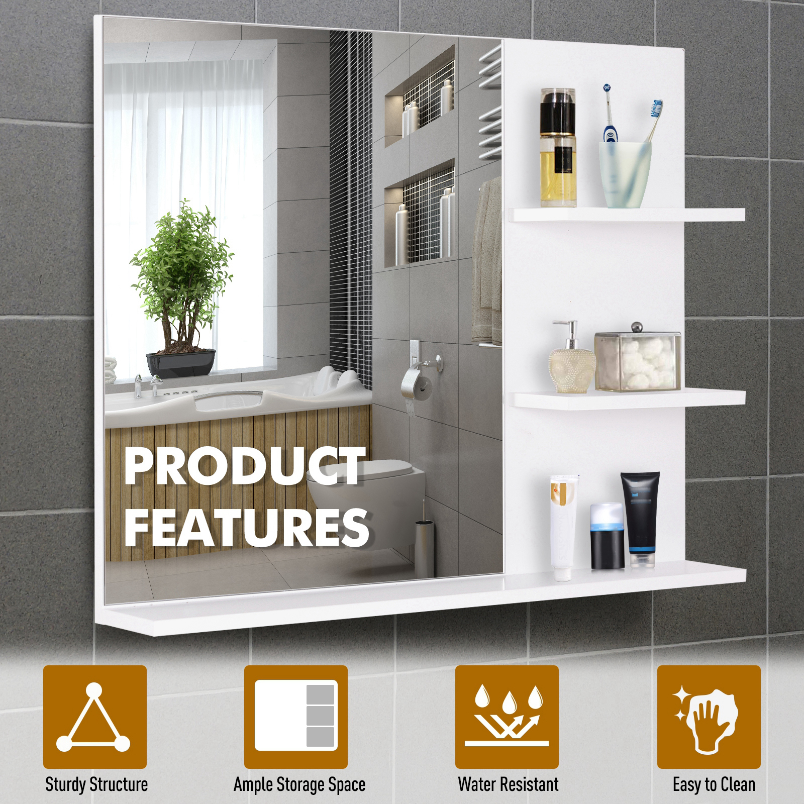 kleankin Elegant Wall-Mounted Vanity Mirror for Bathrooms, Modern Design with 3 Tier Storage Shelves, Makeup Organiser, White