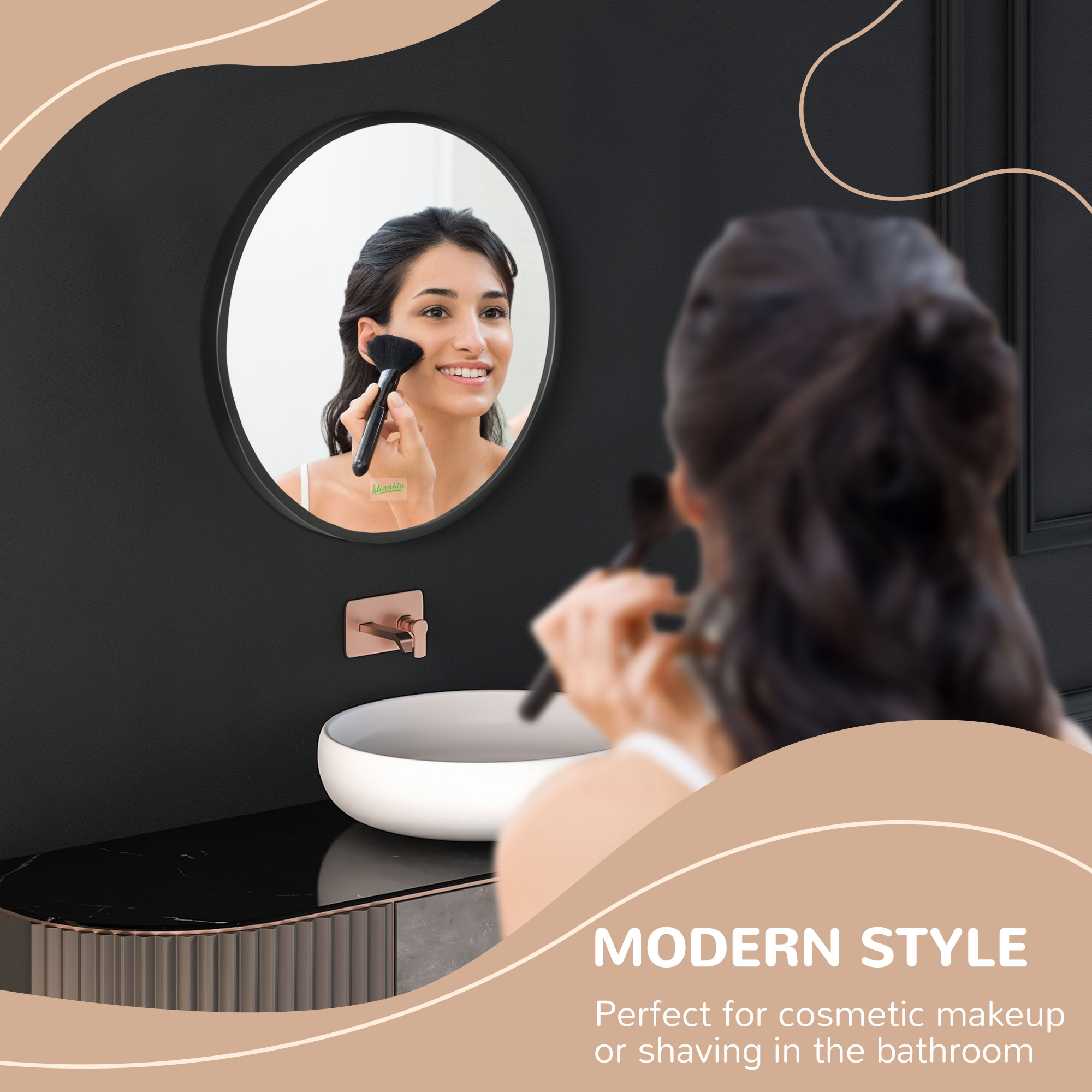 Kleankin Modern Round Bathroom Mirror, Wall-mounted Makeup Mirror with Aluminium Frame, Black, 40x40 cm.