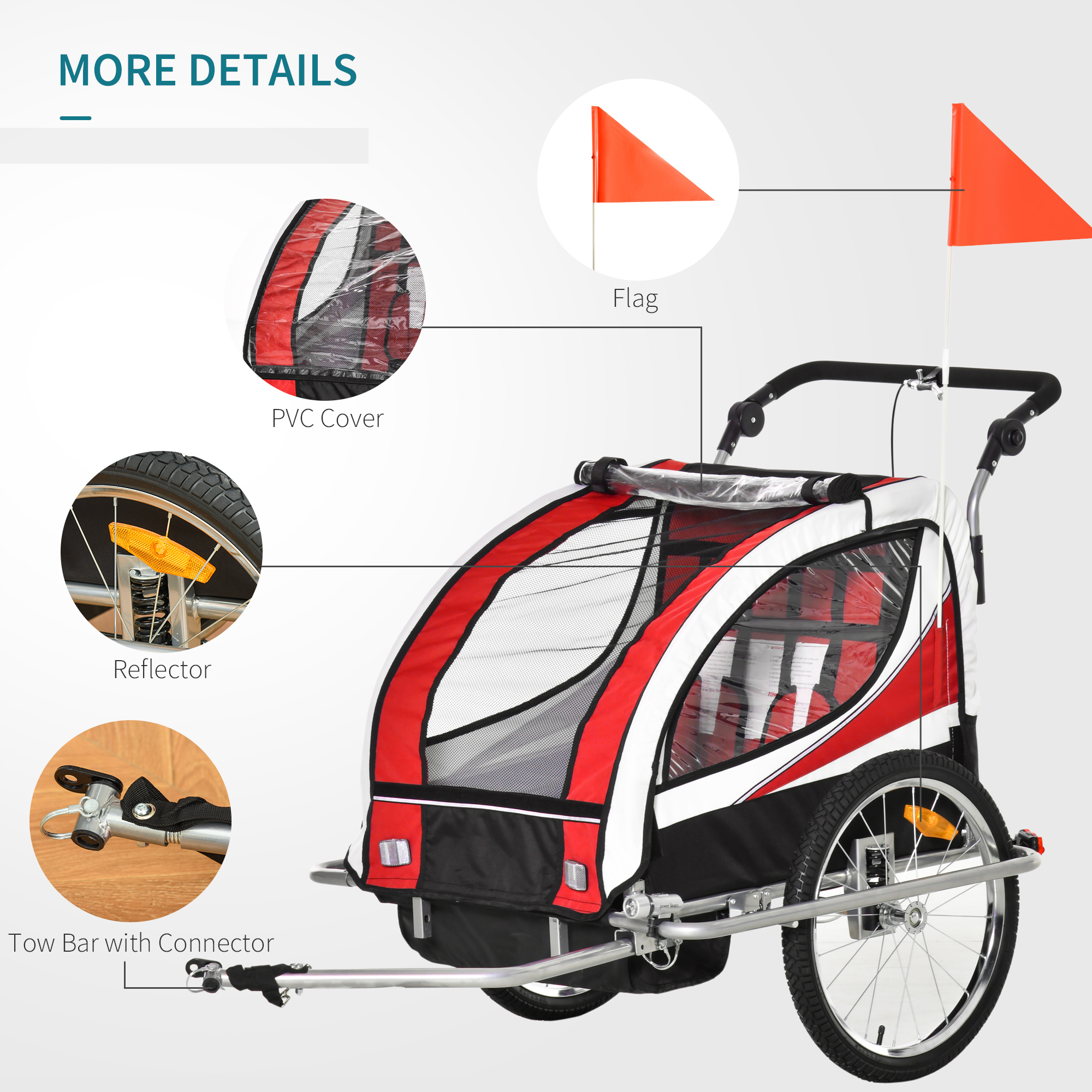 HOMCOM Child Bike Trailer Baby Bicycle Trailer 360Â° Rotatable for 2 Kids with Steel Frame LED Red