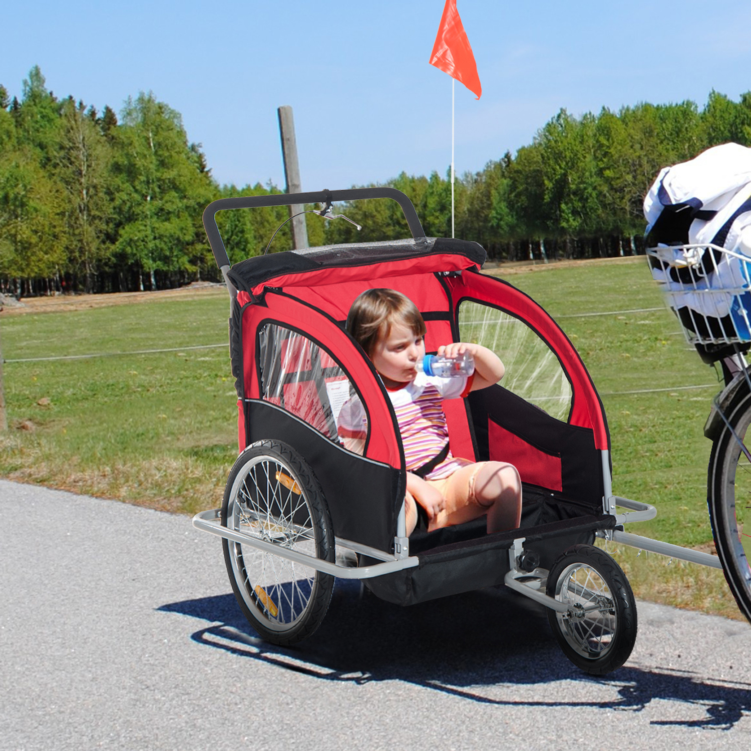 HOMCOM Collapsible Bike Trailer 2-Seater for Baby Bicycle with Pivot Wheel Suitable For 18 Month + Child(Black and Red)