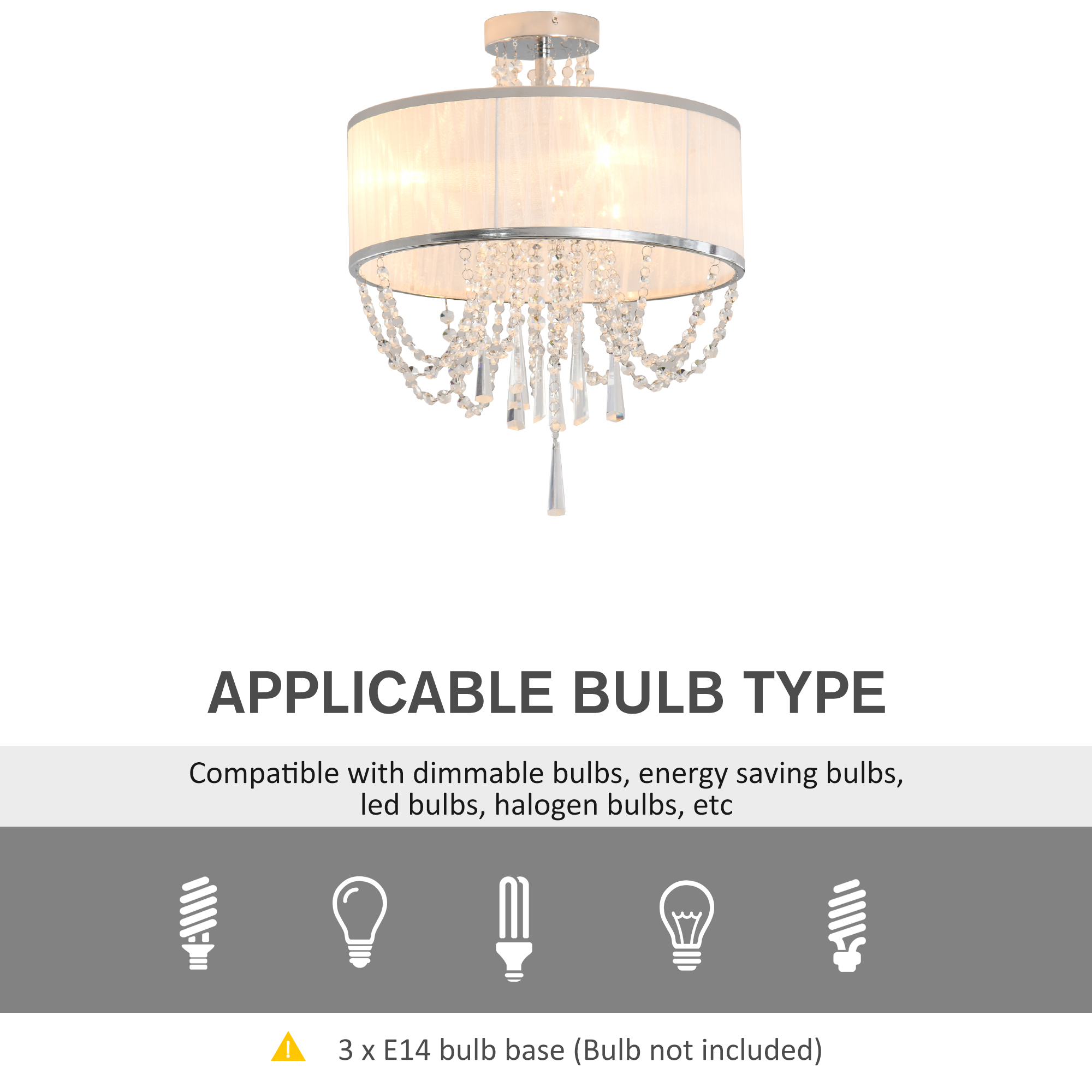 HOMCOM Elegant Metal Ceiling Light Chandelier with Pleated Fabric Lampshade, Decorative Crystal Pendants, for Living Room, Dining Room, Bedroom, White