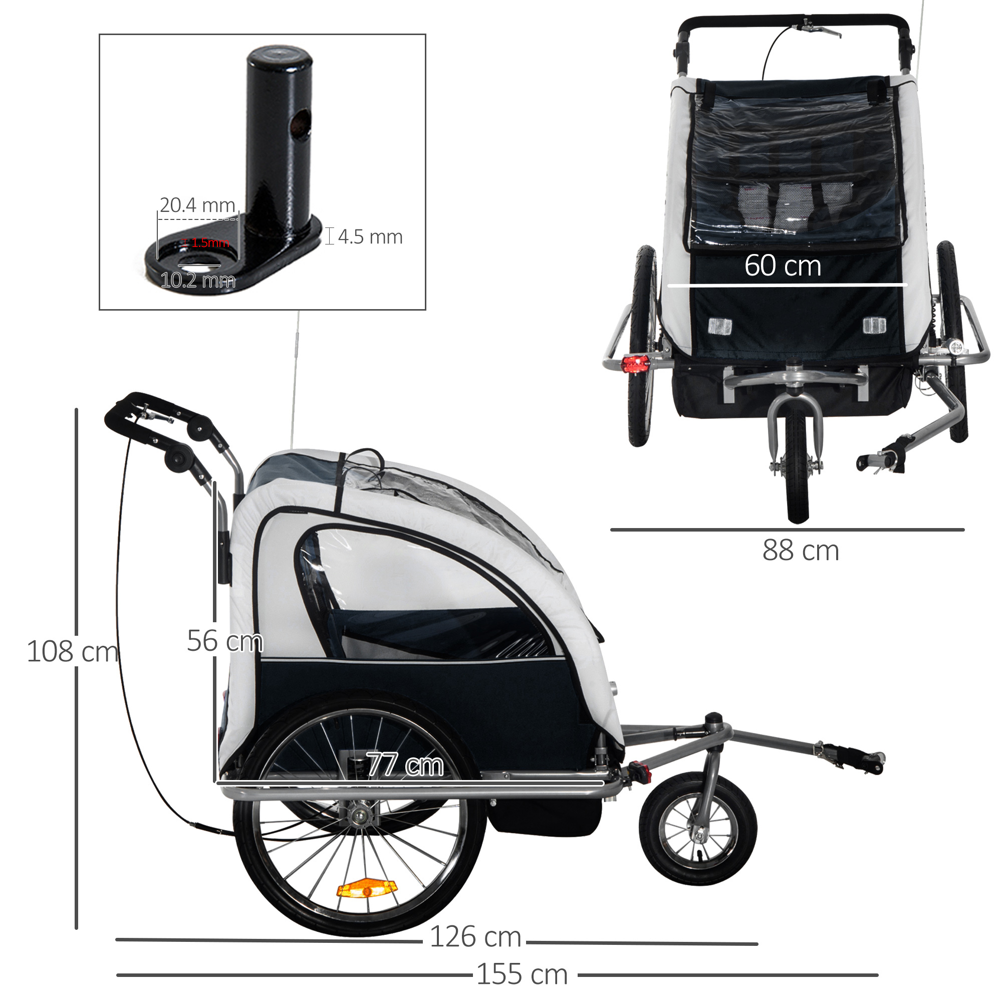 HOMCOM Bike Trailer 2-Seater for Bicycle Baby Child Multifunctional Carrier in Steel Frame (Black and White)
