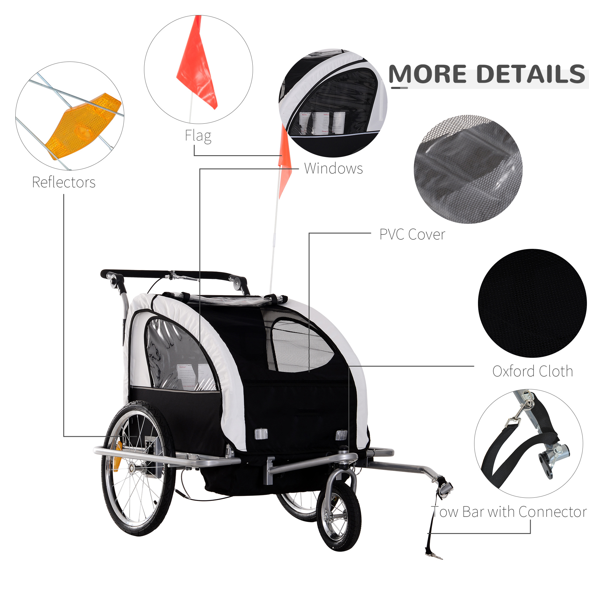 HOMCOM Bike Trailer 2-Seater for Bicycle Baby Child Multifunctional Carrier in Steel Frame (Black and White)