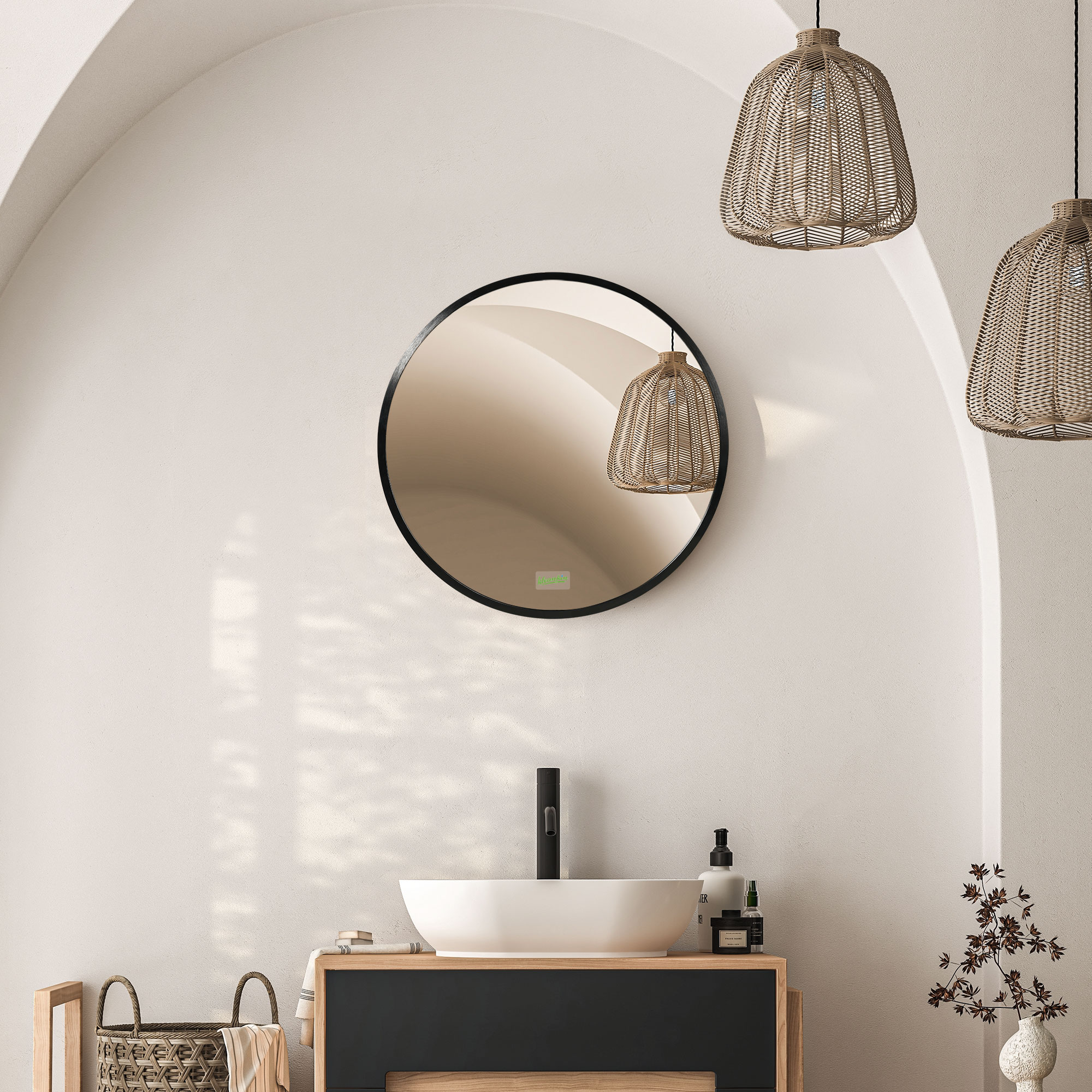 Kleankin Modern Round Bathroom Mirror, Wall-mounted Makeup Mirror with Aluminium Frame, Black, 40x40 cm.