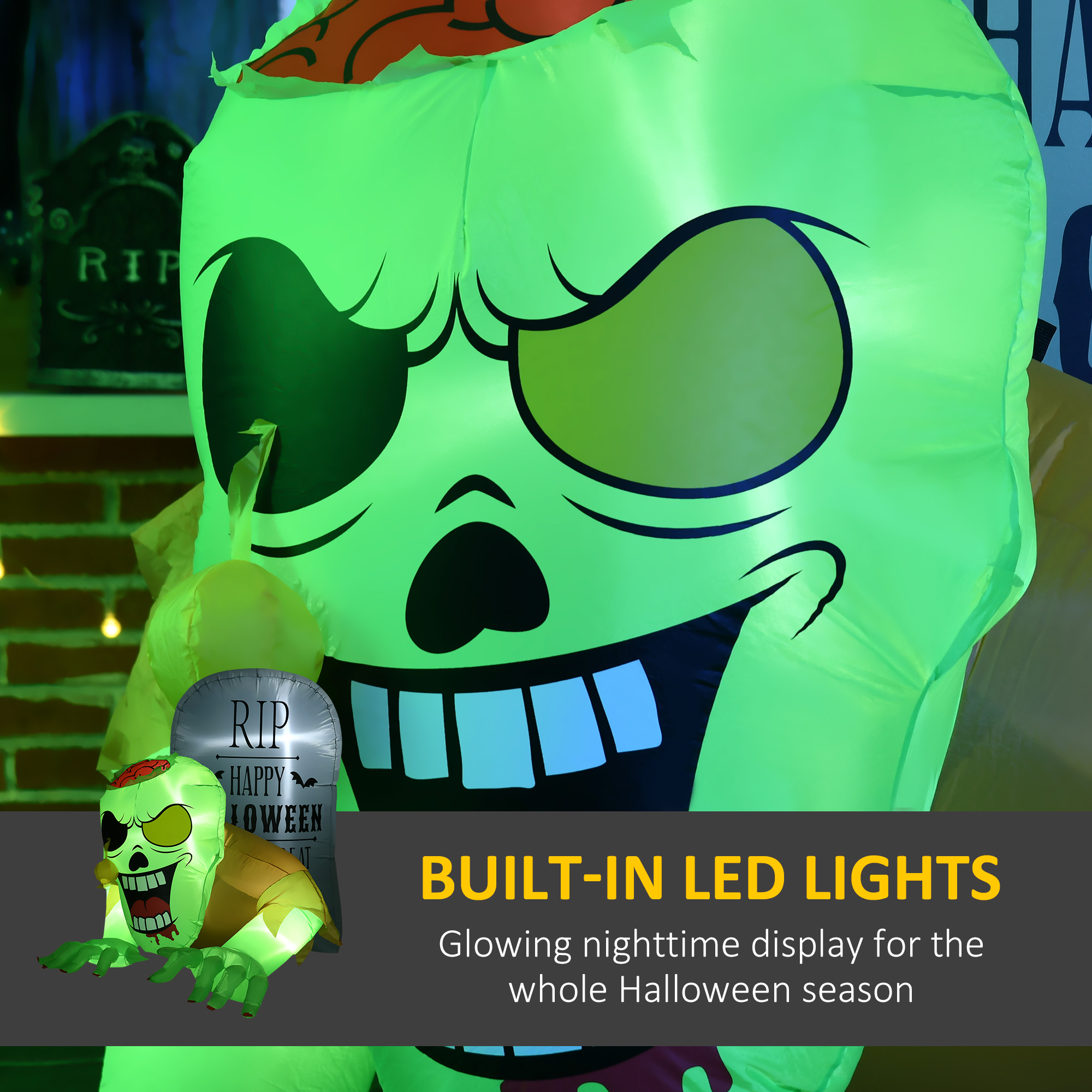 HOMCOM 5FT Halloween Inflatables Ghost and Tombstone, Blow Up Outdoor Halloween Decorations with Build-in LED Lights for Garden, Lawn, Party