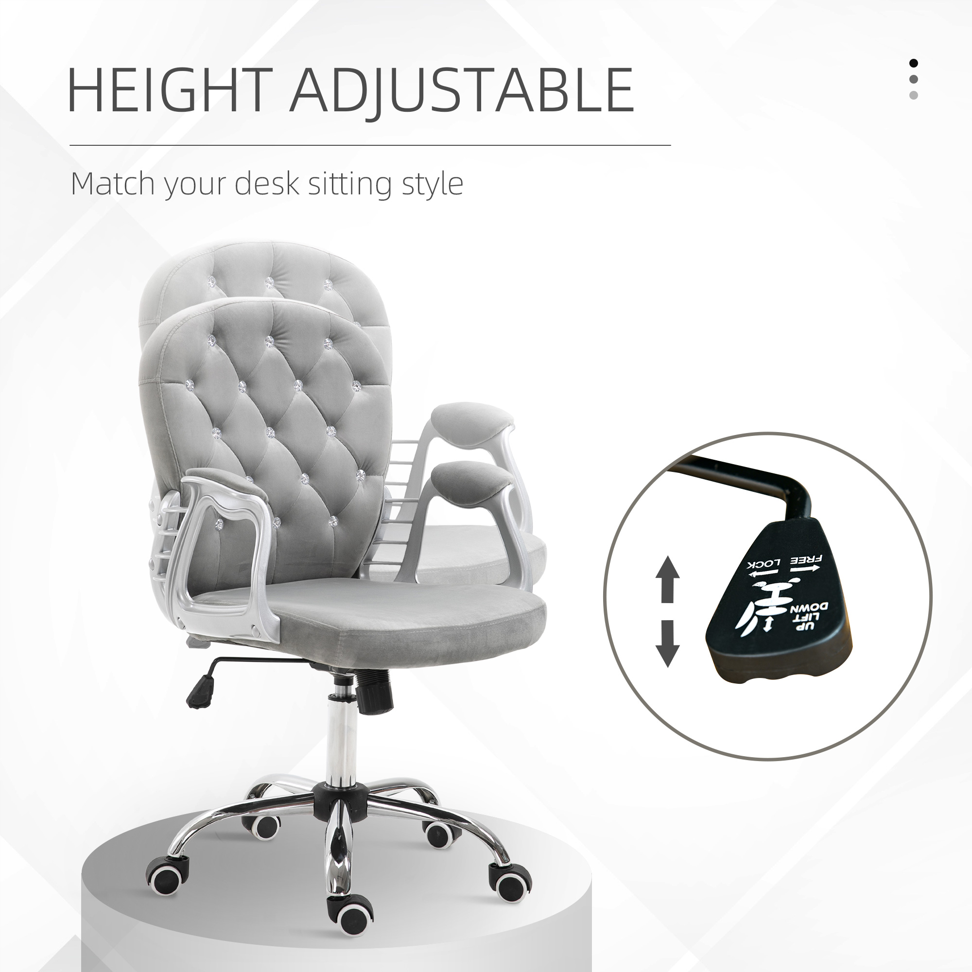 Vinsetto Ergonomic Office Chair, 360Â° Swivel, Diamond Tufted, Velour Padded, with 5 Castor Wheels, Grey