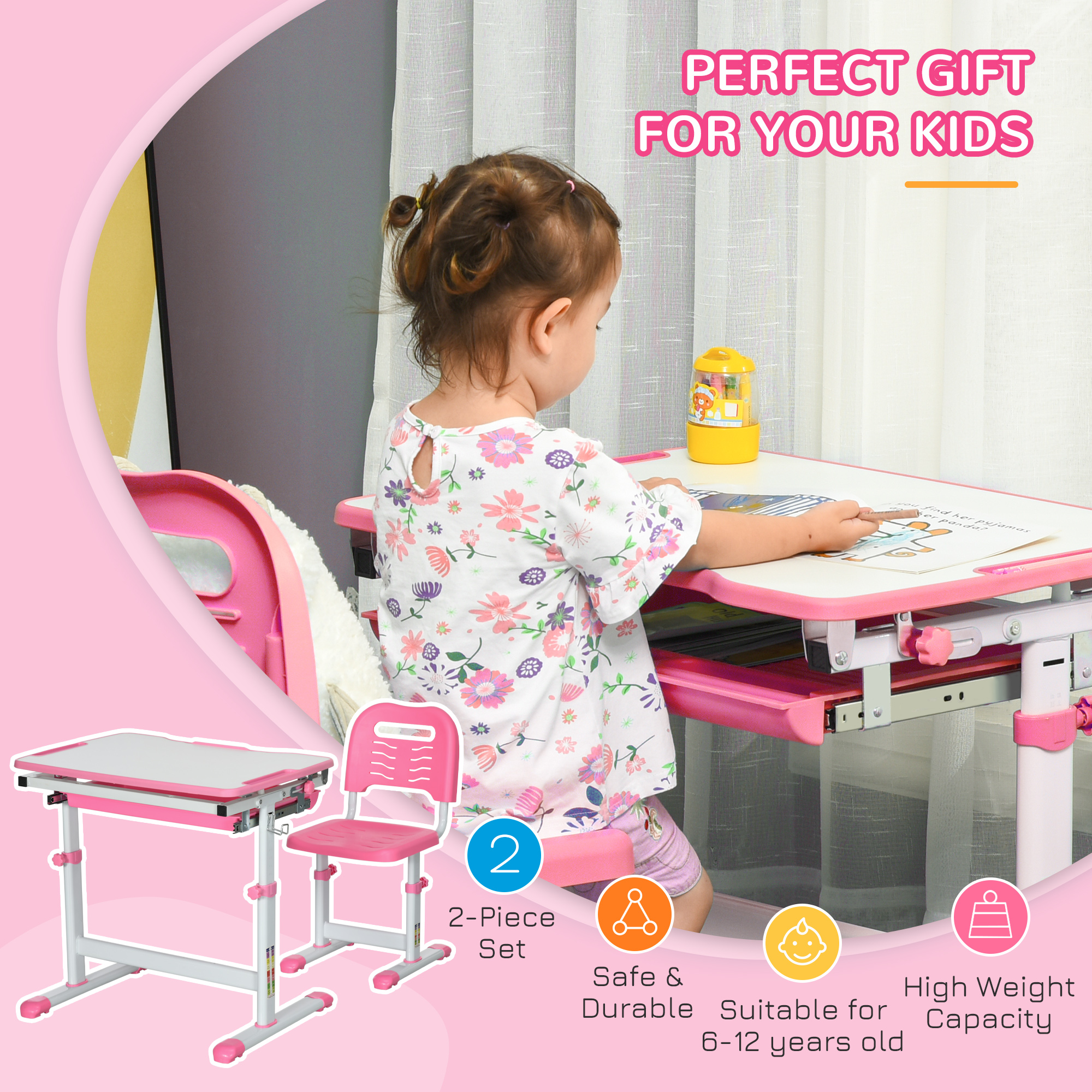 HOMCOM Adjustable Kids Desk and Chair Set, Student Writing Desk with Drawer, Pen Slot, Hook, Pink