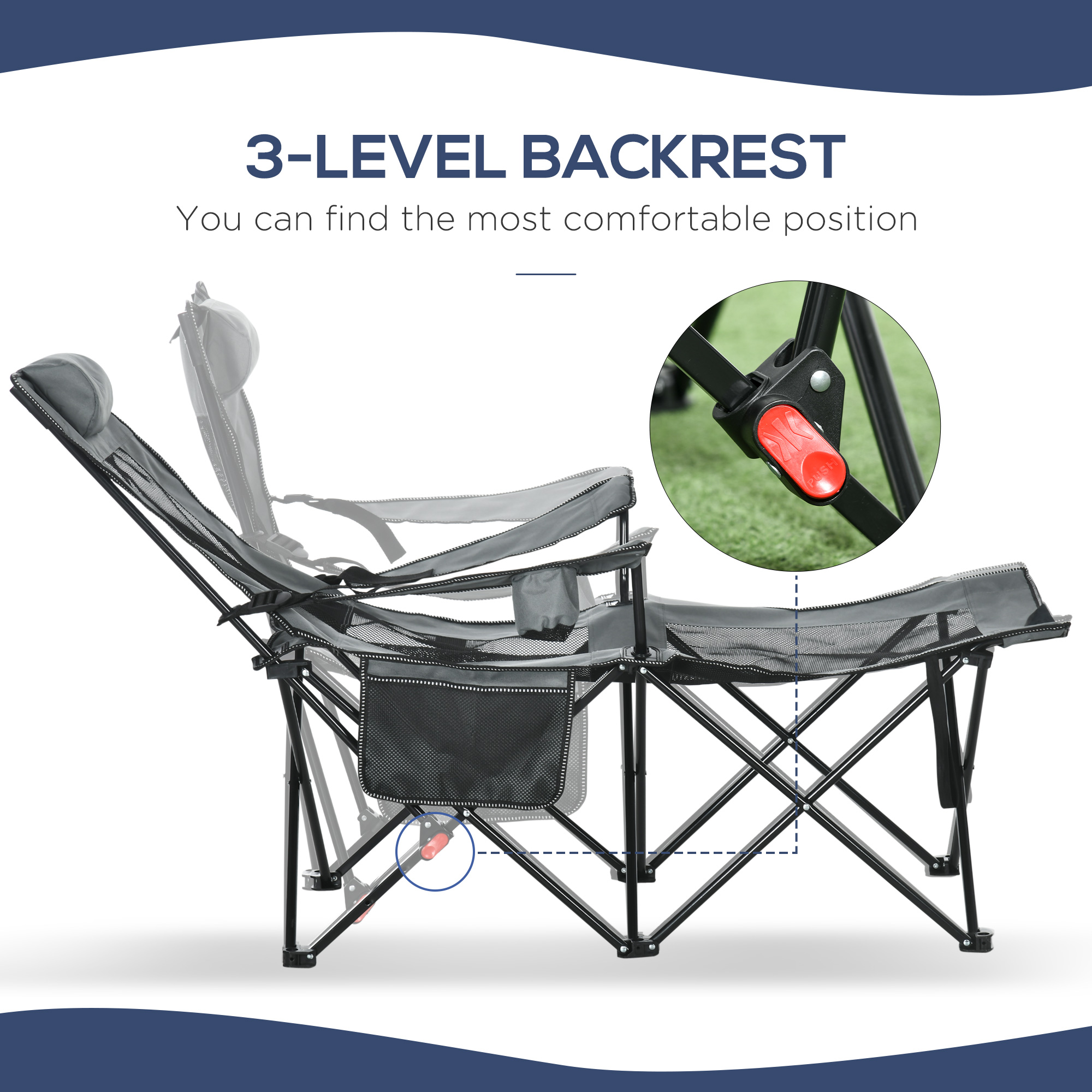 Outsunny Reclining Garden Chair, Foldable with Footrest, Adjustable Backrest, Headrest, Cup Holder, Carry Bag, Grey