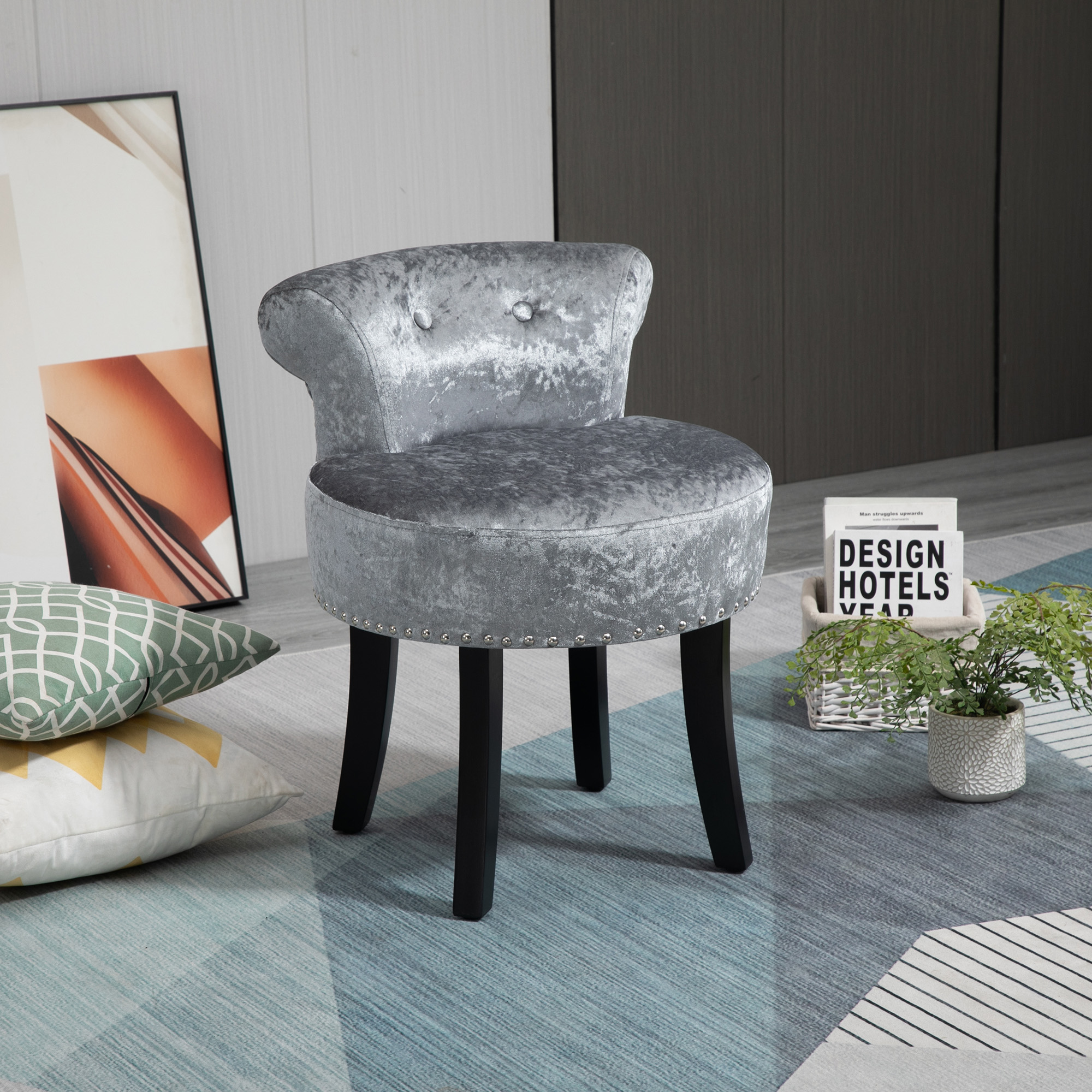 HOMCOM Dressing Table Stool, Ice Velvet with Rubber Wood Legs, Makeup Seat for Living Room, Bedroom, Grey