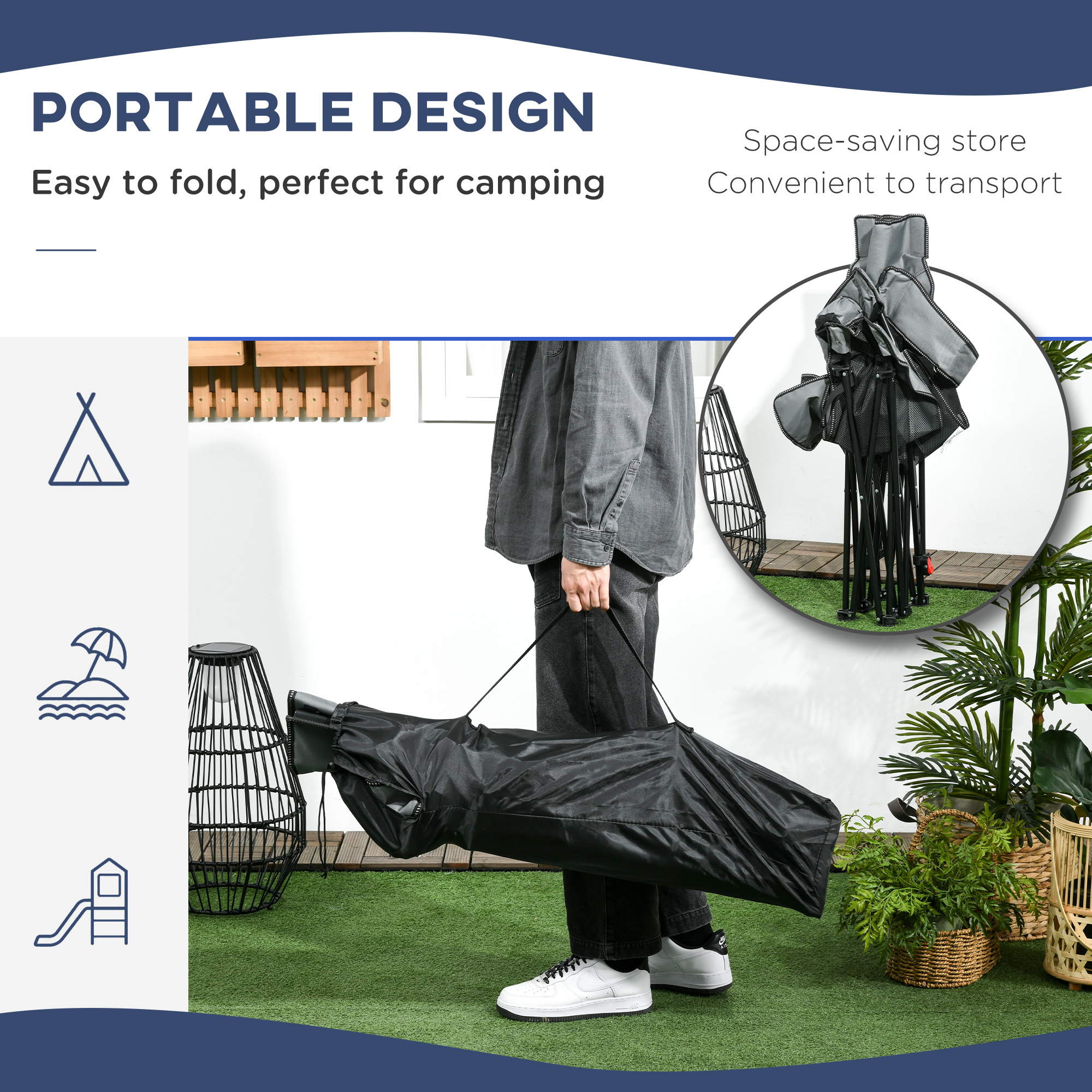 Outsunny Reclining Garden Chair, Foldable with Footrest, Adjustable Backrest, Headrest, Cup Holder, Carry Bag, Grey